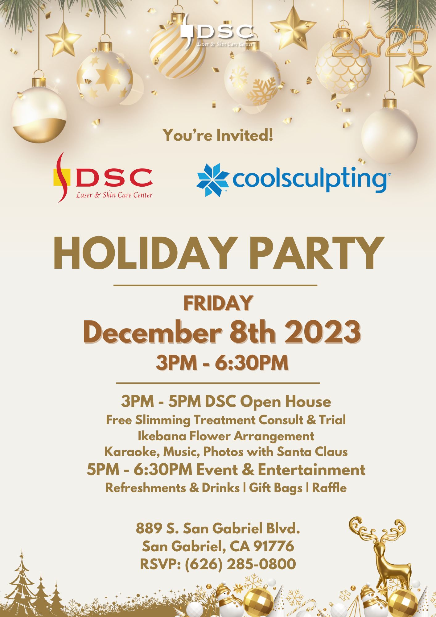 DSC Holiday Christmas Event 2023 December 1282023 Invitation Flyer with DSC logo and Coolsculpting logo, Friday December 8th, 2023 from 3PM - 6:30PM