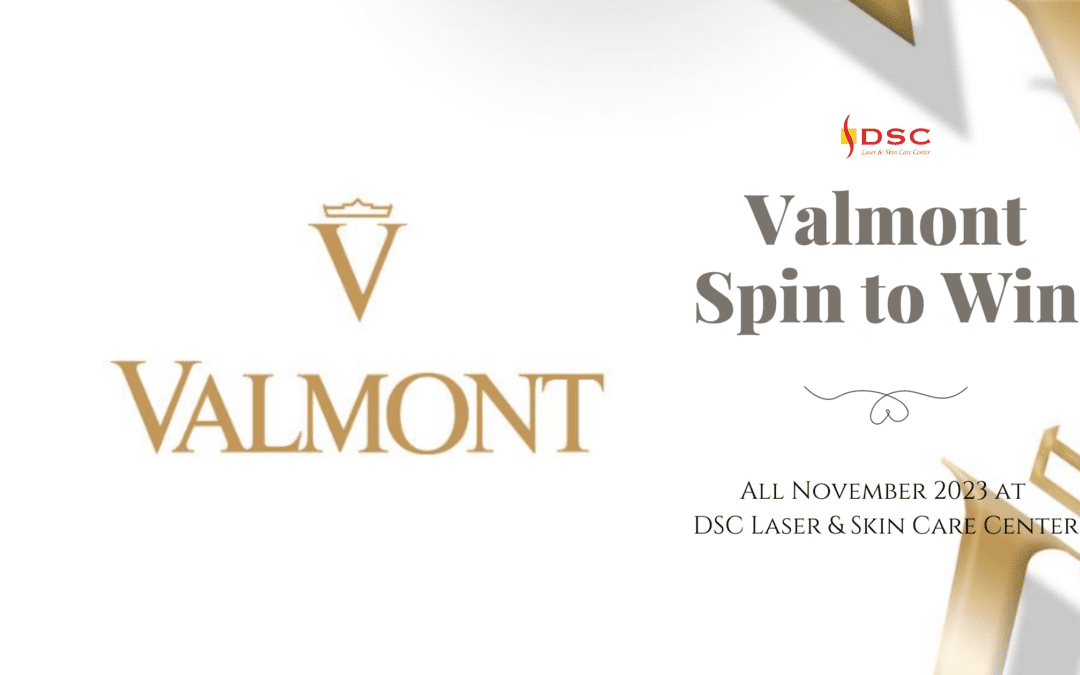 DSC Valmont Cosmetics Spin to Win Blog Banner featuring Valmont Logo and white background with Valmont V gold logo and the text " Valmont Spin to Win" over "All November 2023 long at DSC Laser & Skin Care Center"