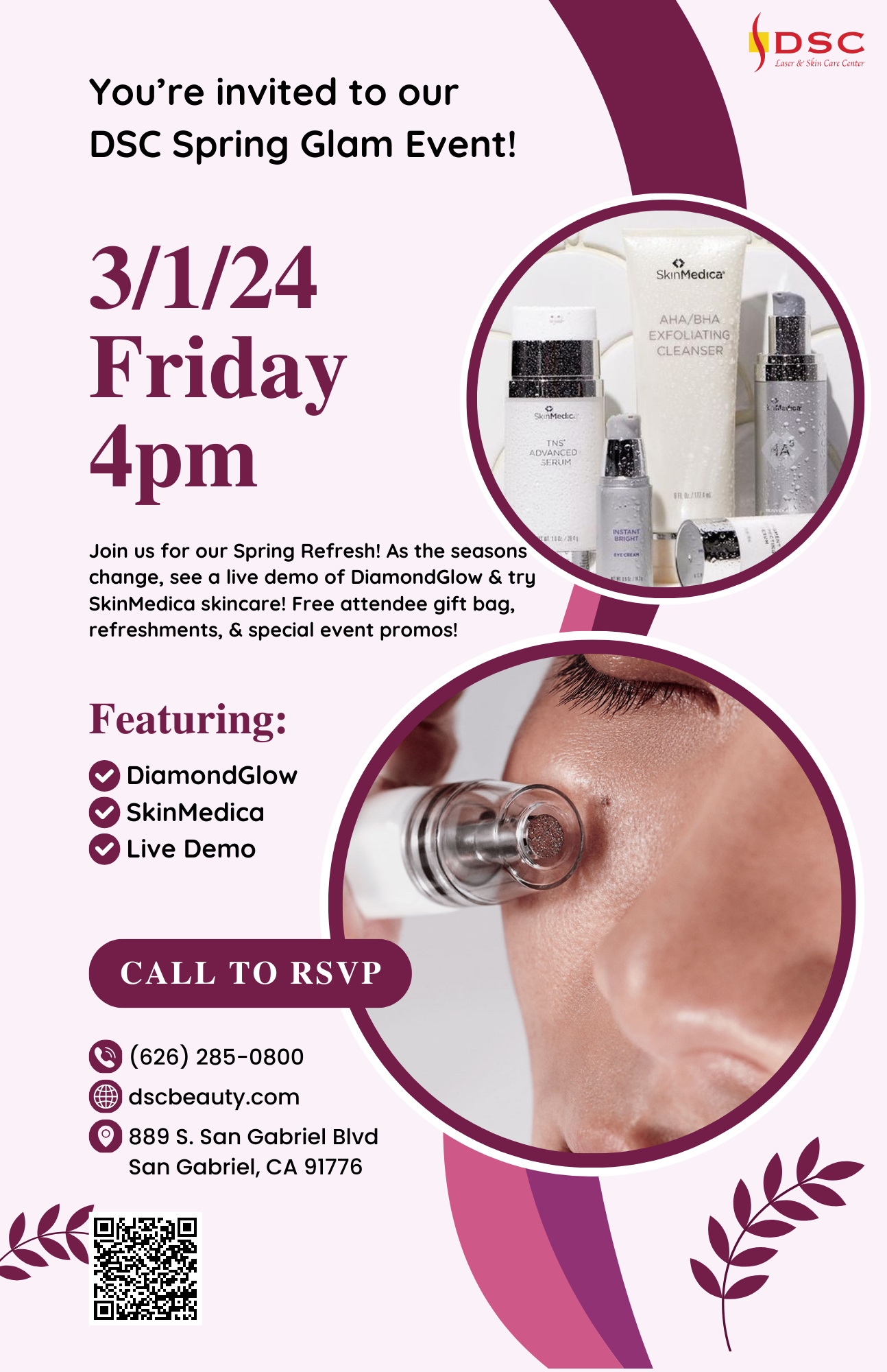 DSC 3/1/2024 Spring Glam Event Flyer with DiamondGlow and SkinMedica on purple background with date, time, place and description of event