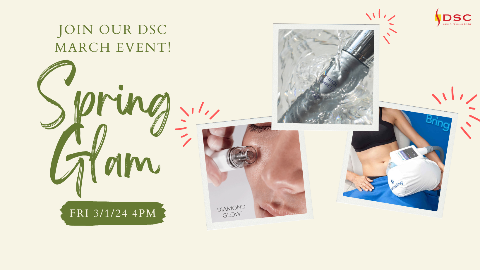 DSC 312024 march 1, 2024 spring glam event diamondglow skinmedica and coolsculpting event blog bannerheader DSC 312024 march 1, 2024 spring glam event diamondglow skinmedica and coolsculpting event blog banner header on yellow background with "Spring Glam" text and "Join our DSC Event" and the date " March 1st Fri 4PM" with images of diamondglow device, skinmedica skincare, and coolsculpting handpiece on abdomen