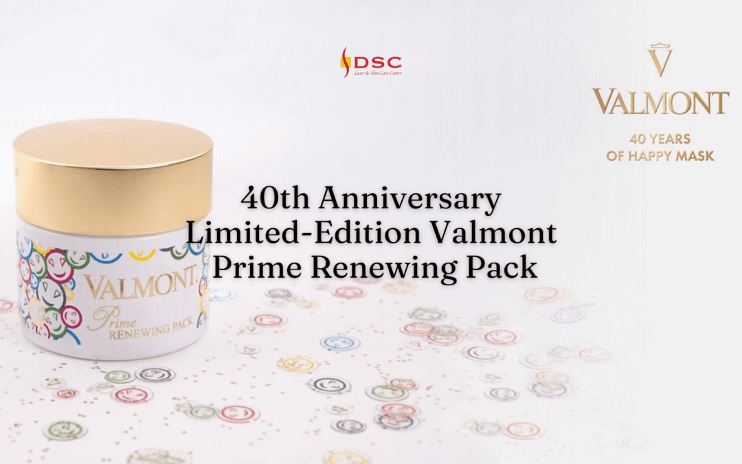 DSC 40th anniversary valmont prime renewing pack launch blog banner featuring product image in background with smiley faces and dsc logo in top center, valmont logo in top right with the text "40th Anniversary Limited-Edition Valmont Prime Renewing Pack" in the center