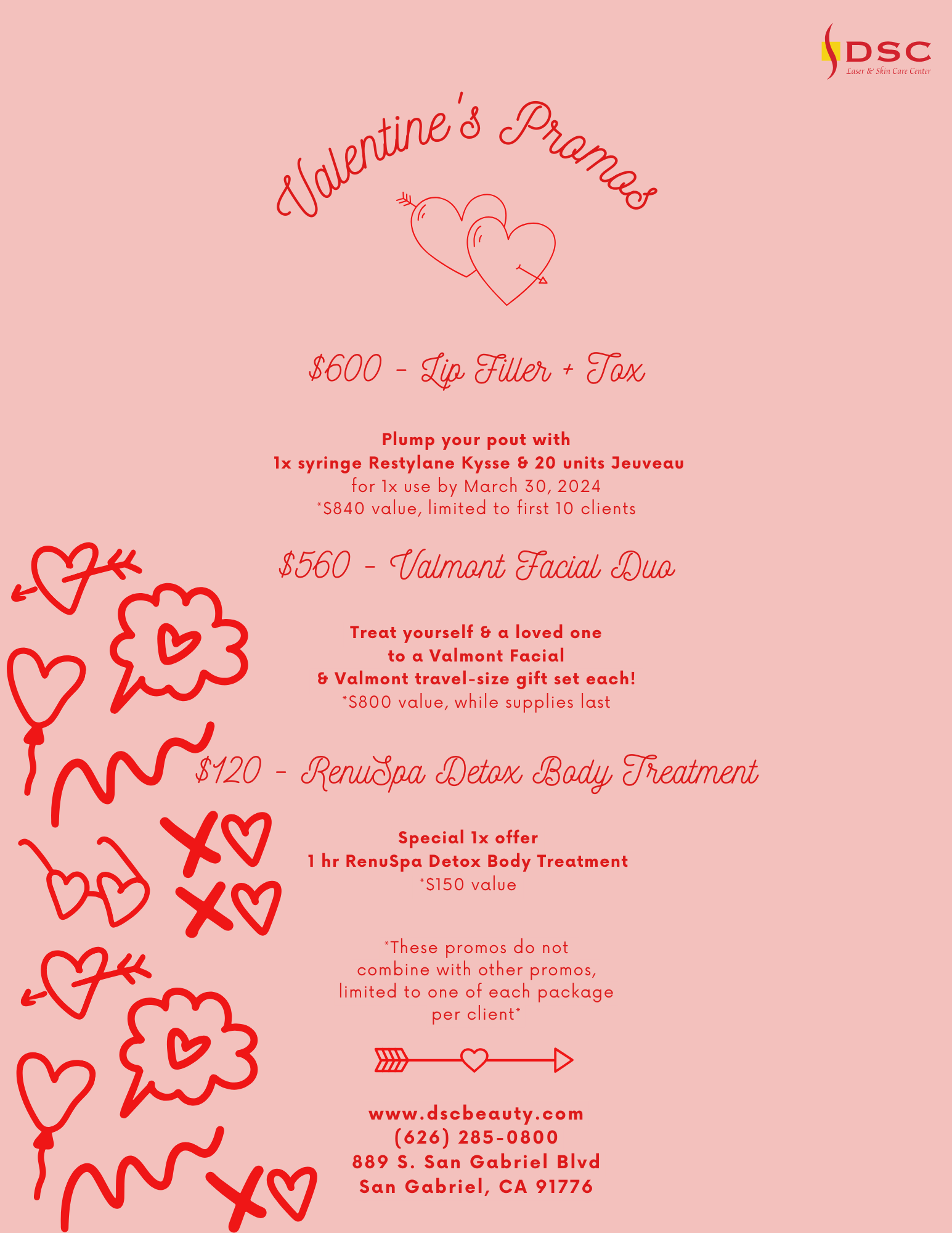 DSC Valentine's Day Promos 2024 Flyer with pink background and red text of $600 Lip Filler + Tox, $560 Valmont Facial Duo, & $120 introductory offer of RenuSpa Detox Body Treatment 