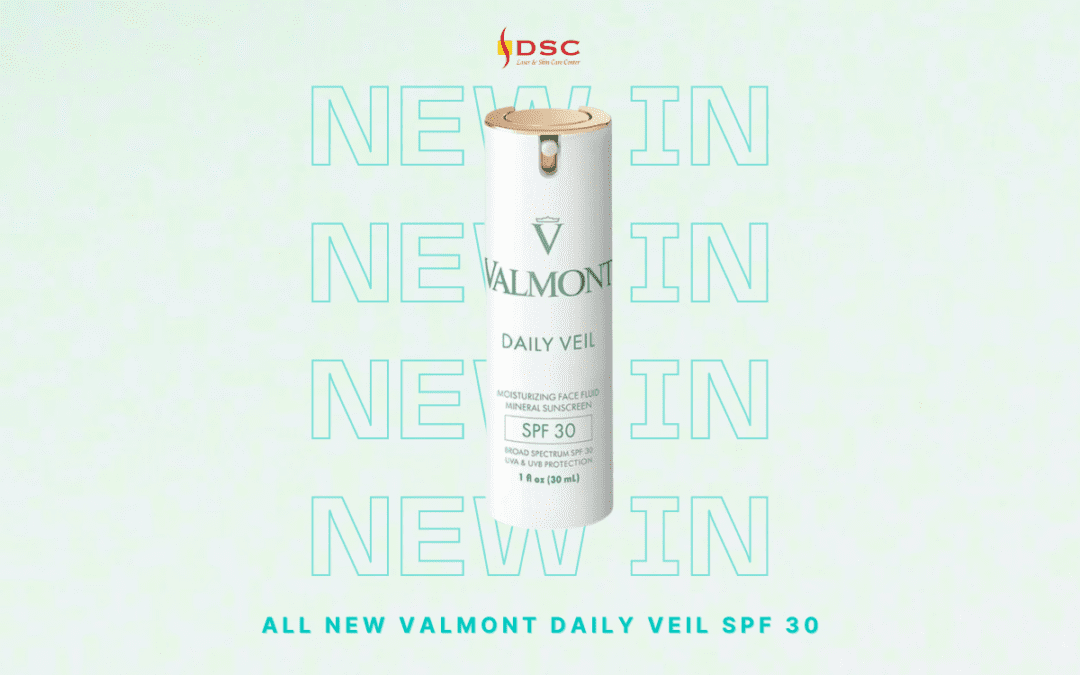 DSC Valmont Daily Veil SPF 30 New In Blog Banner with light green background and New In text with product package overlaid in the center and the text " New In Valmont Daily Veil SPF 30"