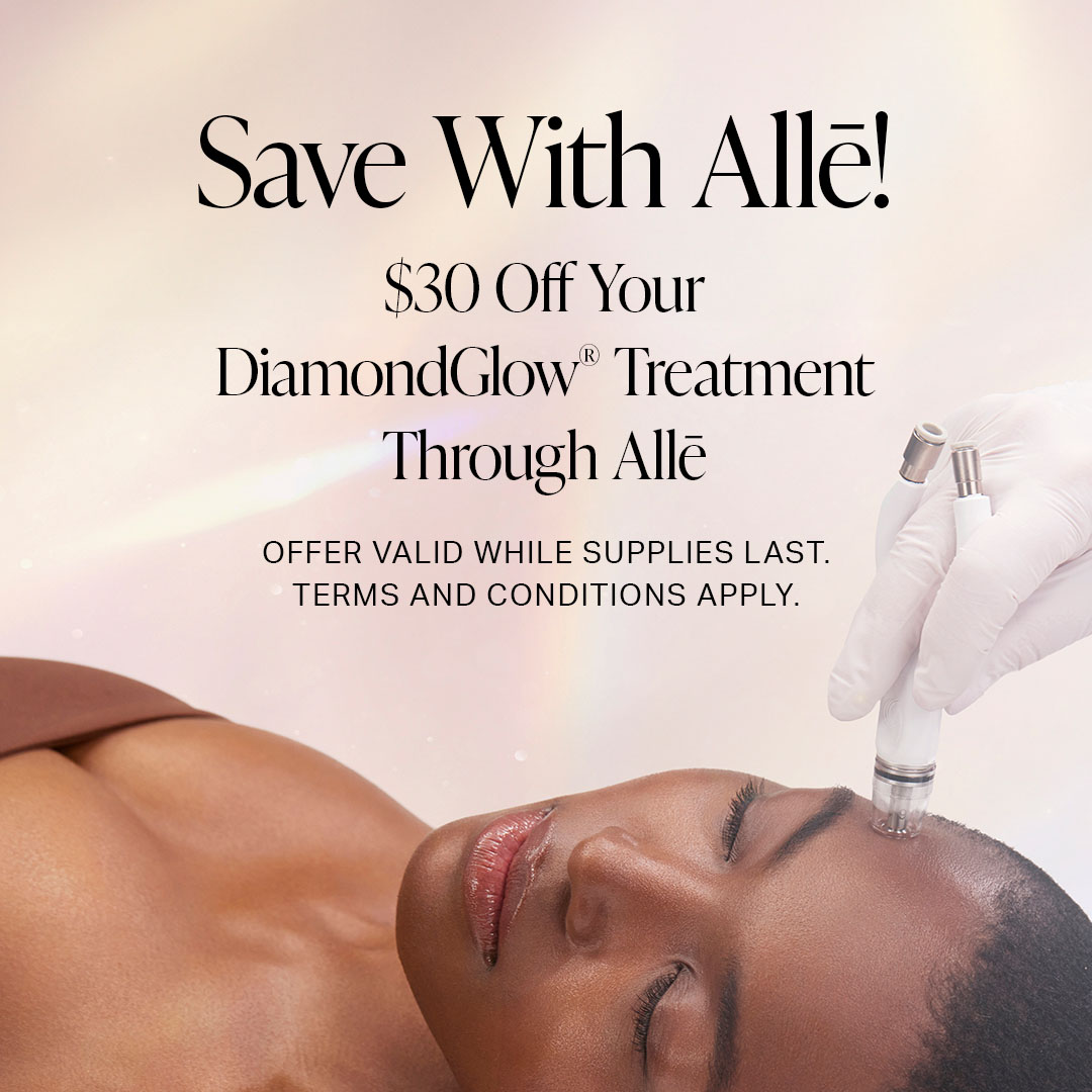 $30 Off DiamondGlow Alle Offer 2024 DSC graphic showing woman lying down with DiamondGlow handpiece on her face and the text "Saved with Alle! $30 off your DiamondGlow Treatment through Alle"