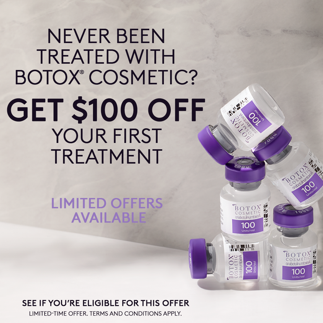 Botox $100 Off Alle Offer 2024 DSC Graphic with the text "never been treated with Botox Cosmetic? Get $100 off your first treatment"