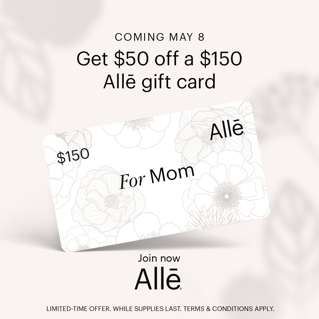 Alle Mother's Day 2024 Gift Card Promotion Graphic showing Alle $150 gift card with text "for mom" on the gift card and "coming may 8" above " "Get $50 off a $150 Alle gift card"