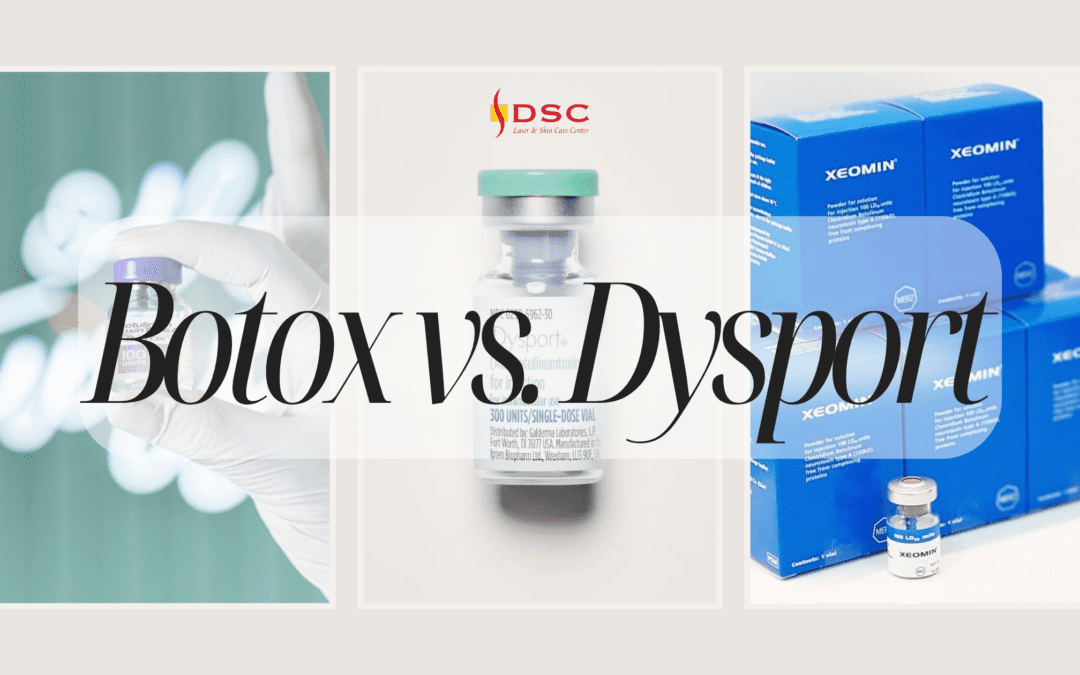 dsc botox vs dysport blog banner with beige background and three images left to right: Botox vial in gloved hand, dysport vial on pale background, stack of xeomin boxes and xeomin vial, with the text "Botox vs. Dysport" overlaid