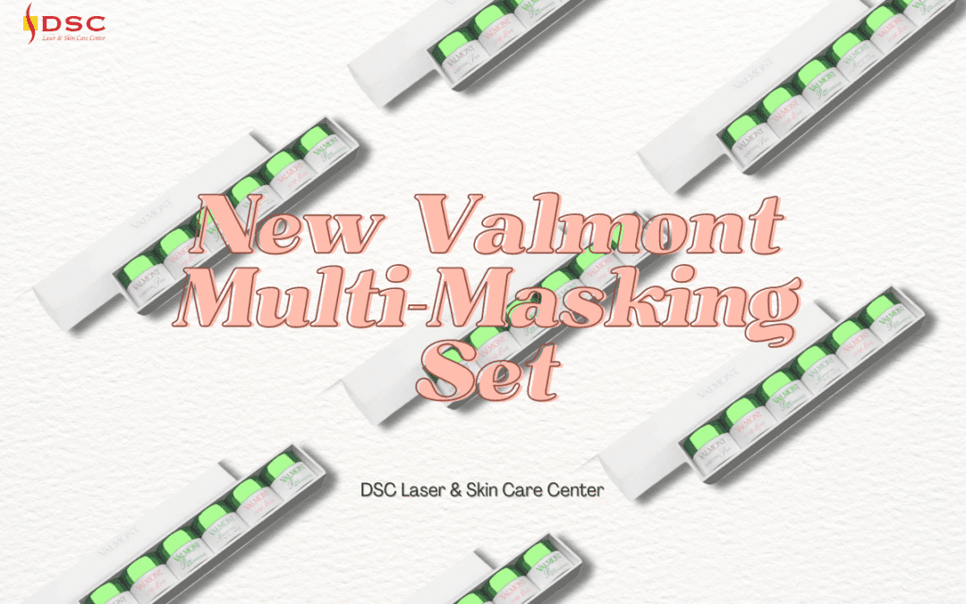 DSC New In Valmont Multi-Masking Set Blog Banner featuring Valmont multi-masking set overlaid across background with the text " New Valmont Multi-Masking Set" in center above text " DSC Laser & Skin Care Center"
