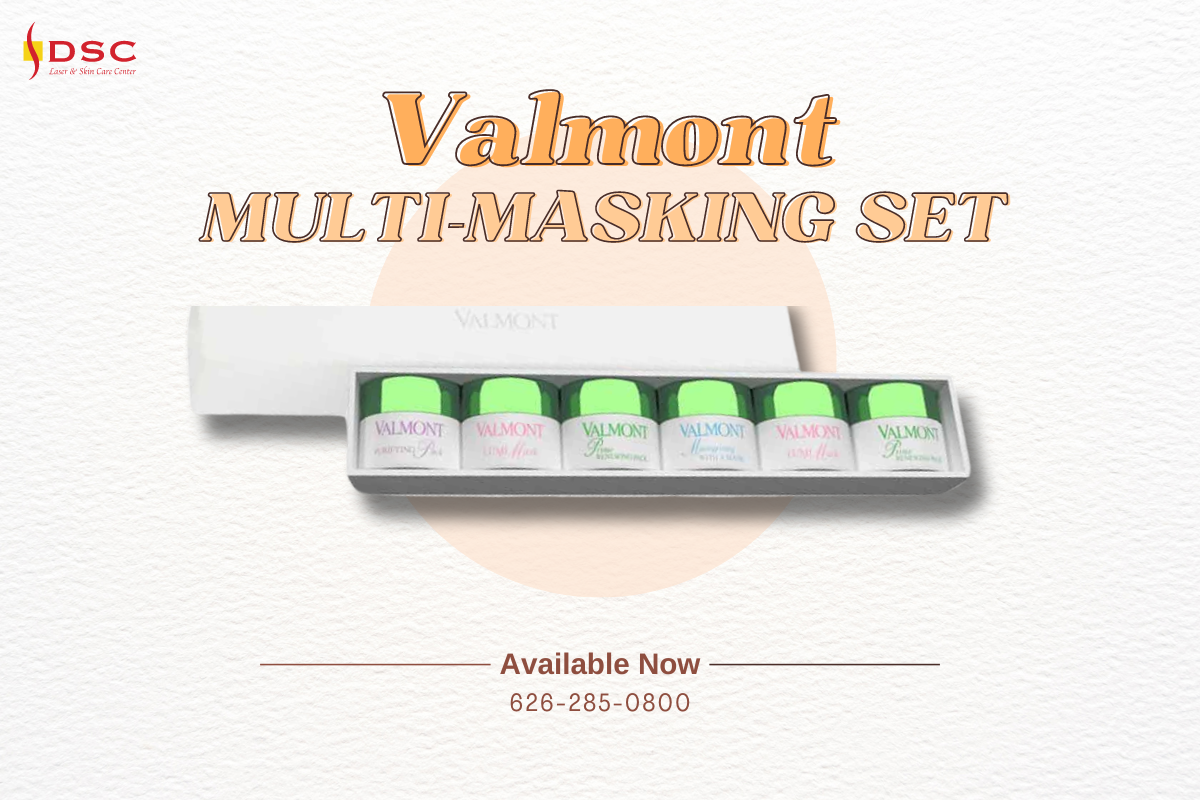 DSC new valmont multi-masking set graphic with the text "Valmont Multi-Masking Set" over image of the product set over text " Available now" and "626-285-0800"