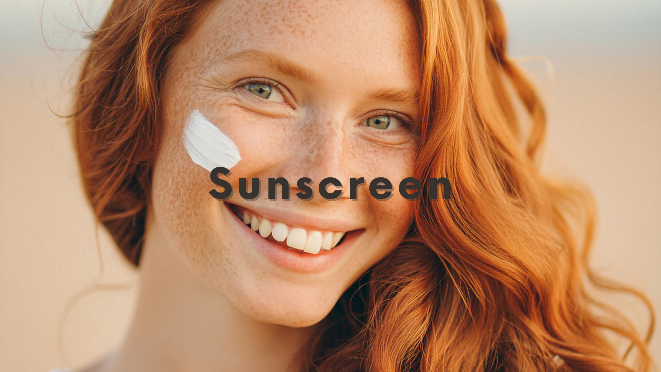 DSC Sunscreens Blog Graphic with word sunscreen over image of woman's face with smear of sunscreen on her cheek