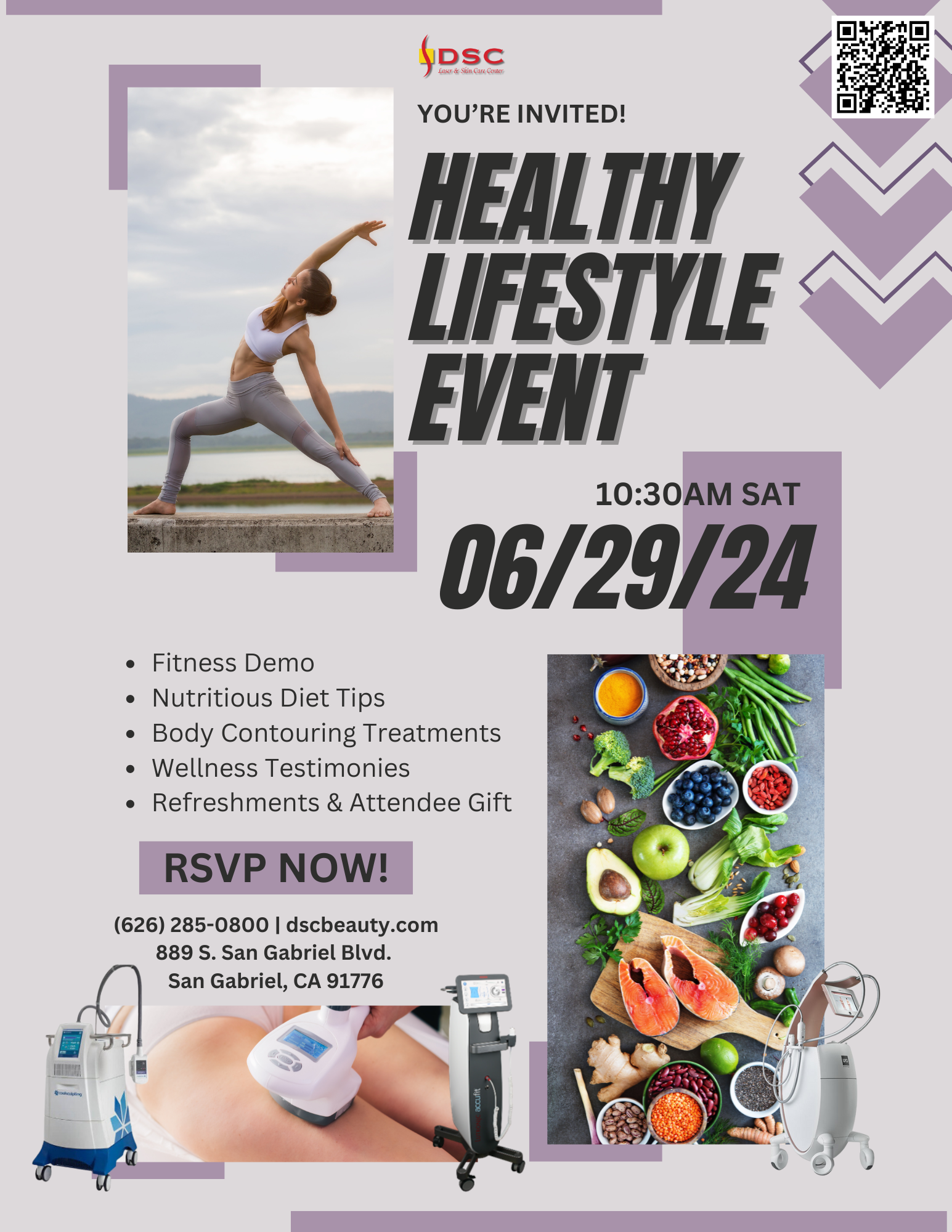 06-29-2024 DSC Healthy Lifestyle Event Flyer with images of woman doing yoga, flat lay of healthy foods, and body treatment handpiece on thigh with images of LPG endermologie, coolsculpting, and accufit devices