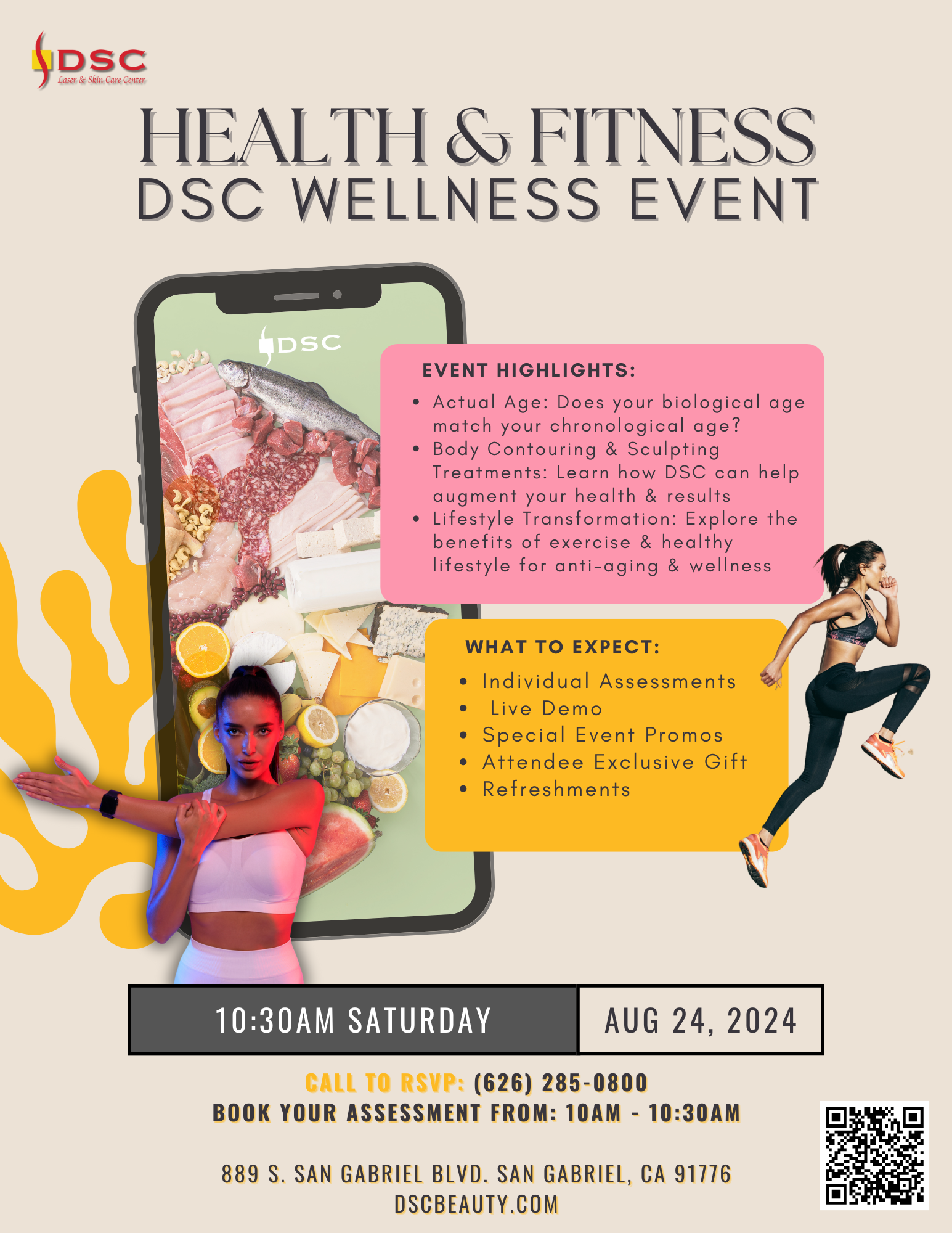 DSC August 24 2024 Health & Fitness Wellness Event 08242024 event flyer poster with beige background and cell phone screen depicting image of assorted health foods with the text Health & Fitness DSC Wellness Event centered at the top and images of woman jumping and woman stretching arm