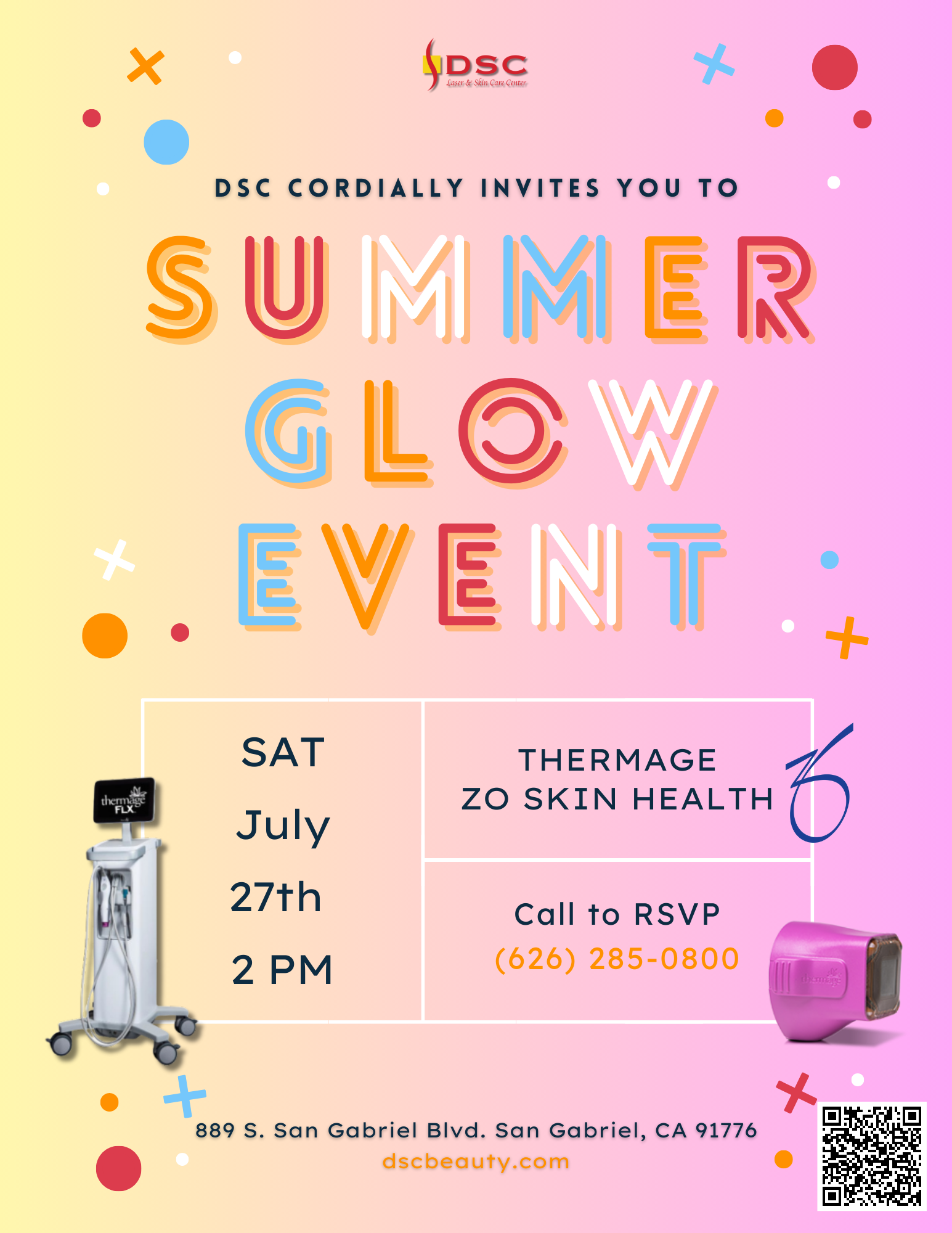 DSC 7/27/24 07272024 July 2024 Thermage & ZO Skin Health Event Flyer With text "Summer Glow Event" and date of event and featured speakers Thermage and ZO Skin Health