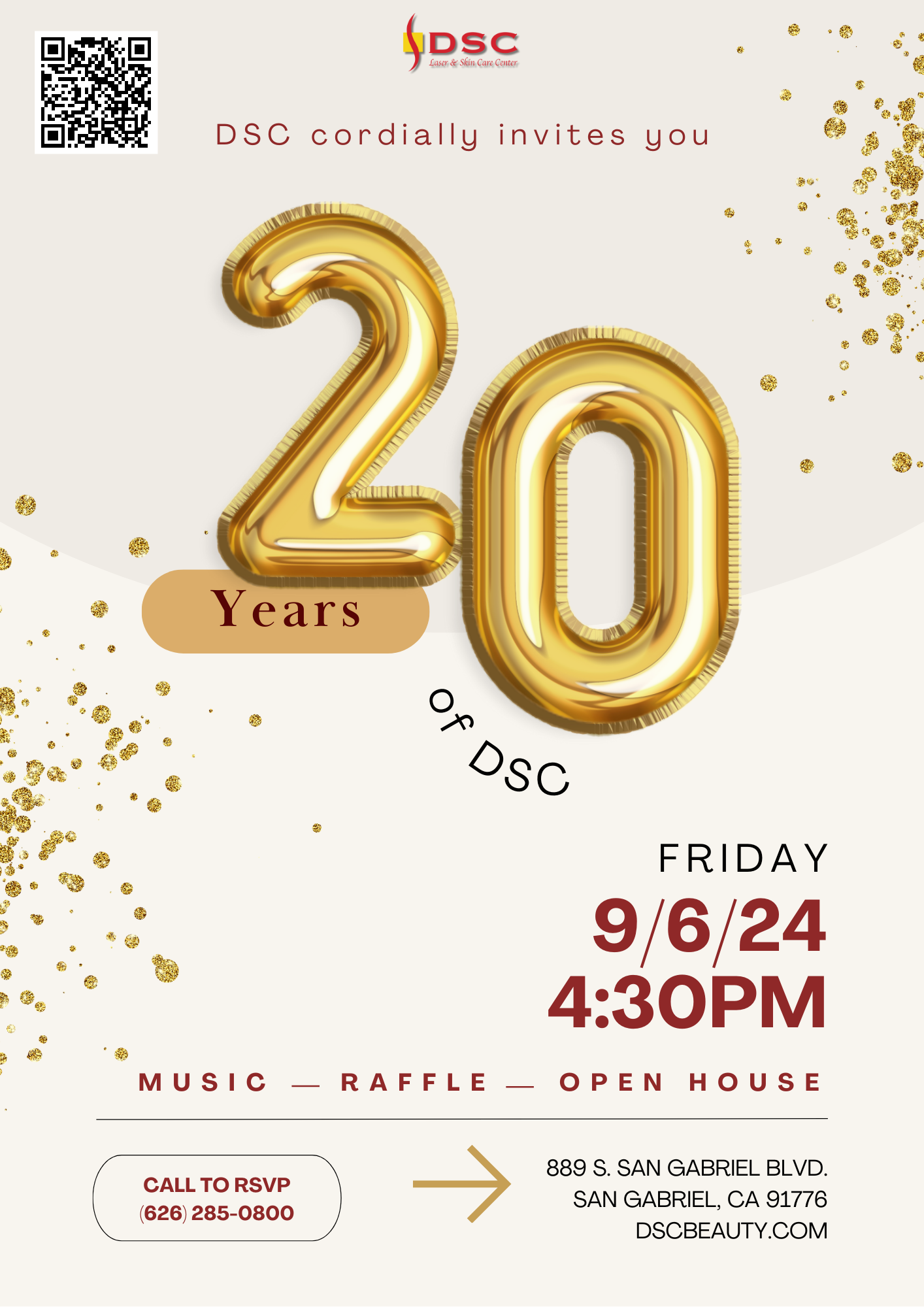 DSC september 6th 2024 9624 20th anniversary party flyer poster invitation featuring balloon 20 with gold confetti on left and right corners and date of event Friday 9/6/2024 4:30PM