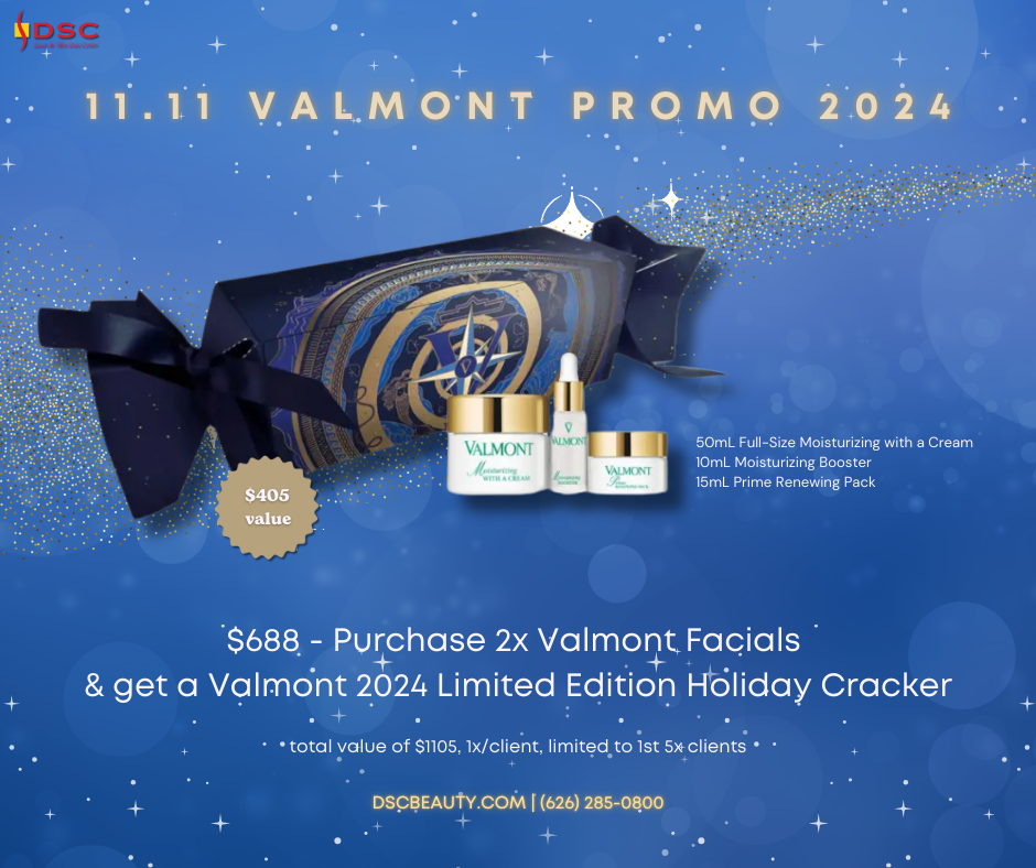 DSC 11/11 2024 Valmont Promo Graphic with image of Valmont 2024 Limited Edition Holiday Cracker with Valmont Moisturizing with a Cream, Valmont Moisturizing Booster, and Valmont Prime Contour $688 purchase 2x valmont facials at DSC and get a valmont holiday cracker free, $405 value with starry blue celestial background