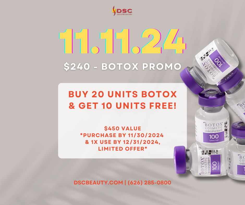 DSC 11/11 2024 botox $240 promotion graphic with text "11.11.2024" "$240 Botox Promo" and "buy 20 units Botox & get 10 units free" "$450 value purchase by 11/30/2024 and use by 12/31/2024, limited offer" with gray background and stacked botox bottles on the right