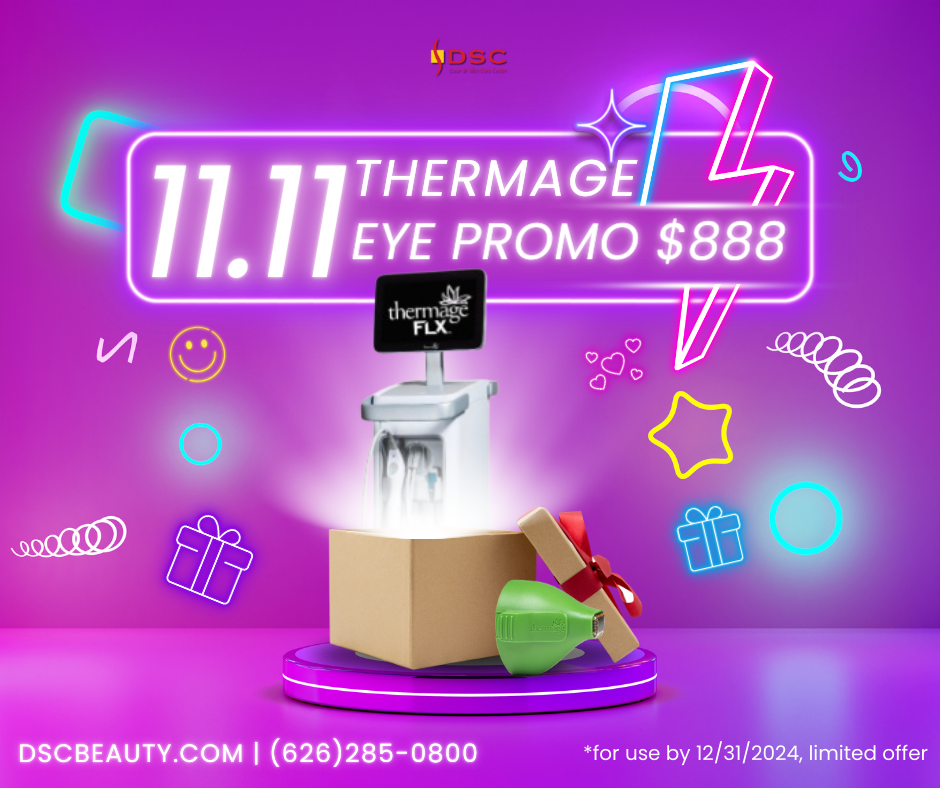 DSC 11/11 2024 thermage flx eye $888 promotion graphic with purple background with text "11.11 thermage eye promo $888" with Thermage FLX machine popping out of box and Thermage eye FLX tip next to box with "for use by 12/31/2024"