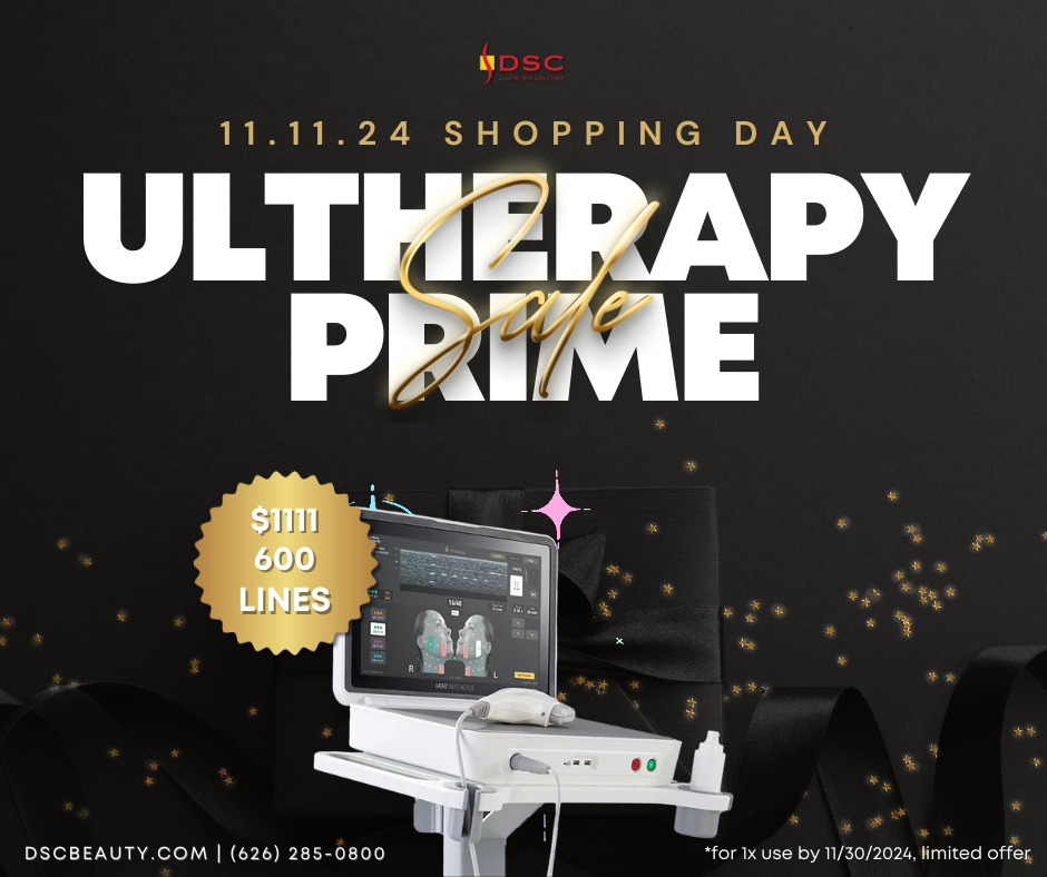 DSC 11/11 2024 600 ultherapy prime promotion graphic with black background with gold star confetti and black present, with Ultherapy PRIME device over top, text "11.11.2024 Shopping Day" and "Ultherapy PRIME SALE" centered in white with a gold seal with text "$1111 for 600 lines" "*for 1x use by 11/30/2024, limited supply" in bottom left