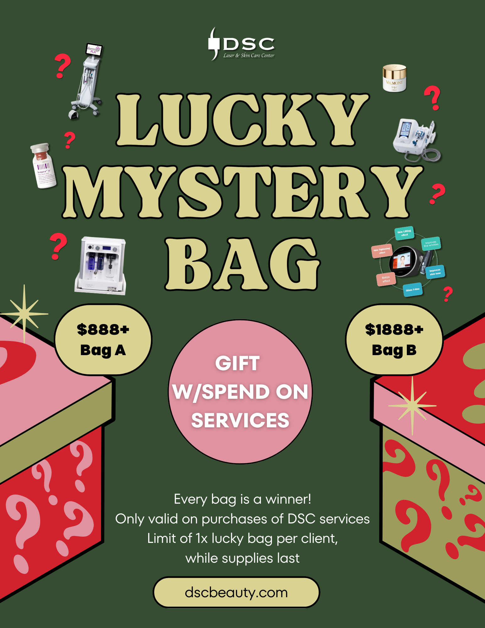 DSC Lucky Mystery Bag Holiday Event Flyer with green graphic background and two gifts with question marks, with the text "Lucky mystery bag" "Gift with spend on services" and $888+ and $1888+ on each of the boxes respectively from left to right