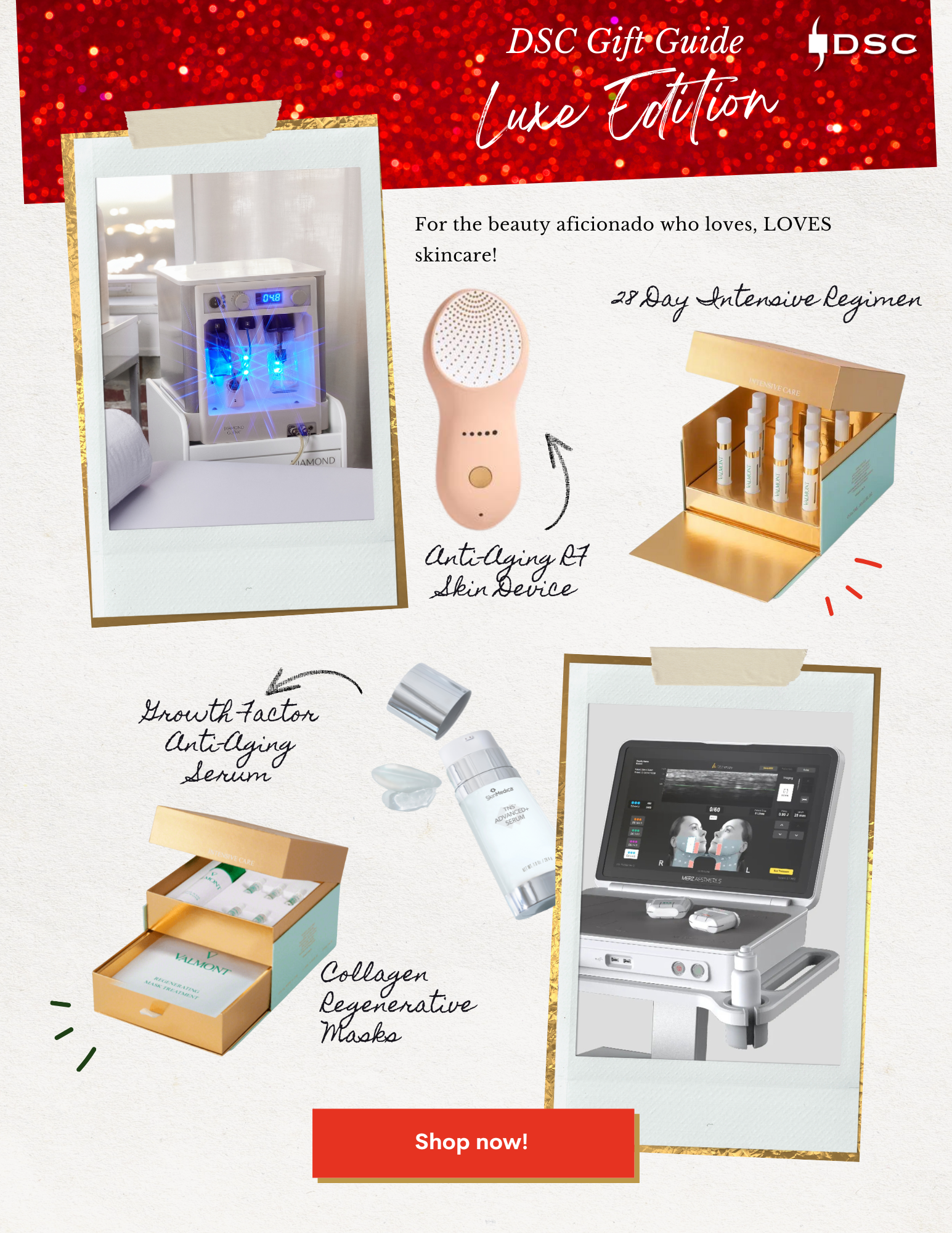 DSC Holiday Gift Guide 2024 Luxe Edition Graphic with Nebulyft R1C, Valmont Time Master, SkinMedica TNS Advanced+ Serum, & Valmont Regenerating Treatment Mask