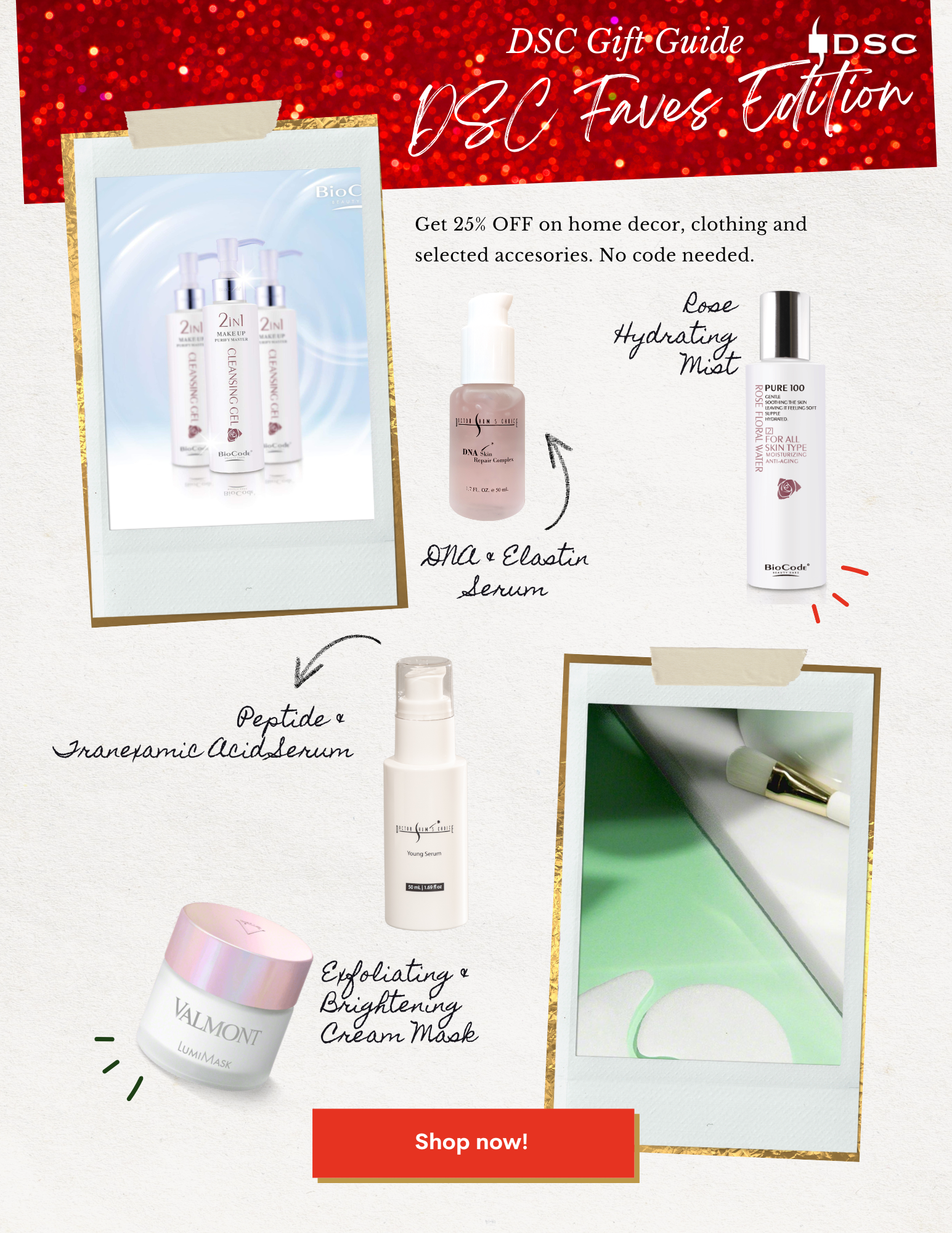 DSC Holiday Gift Guide 2024 DSC Faves Edition Graphic with DSC DNA Reparing Complex, BioCode Rose Floral Mist, Valmont Lumimask, and DSC Young Serum