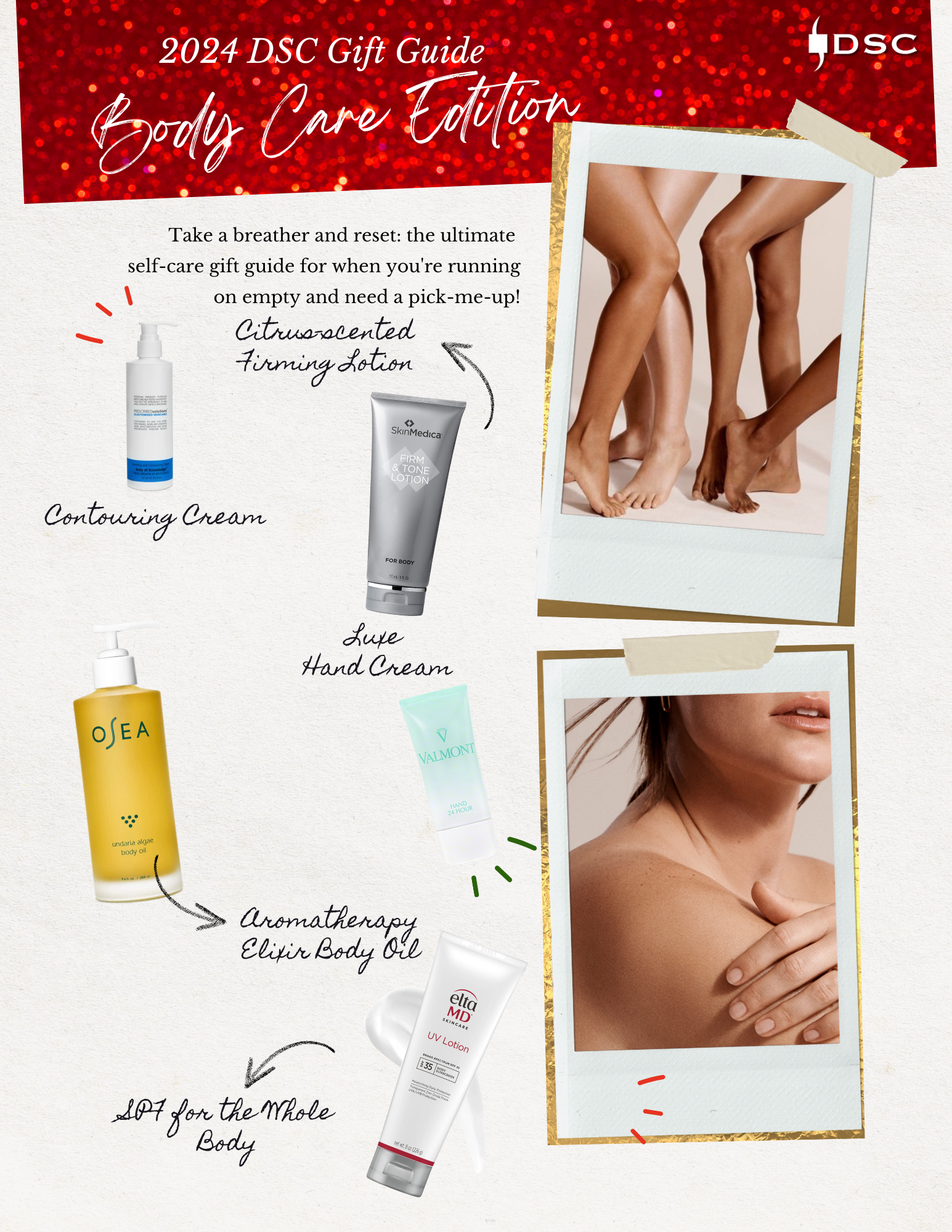 DSC Holiday Gift Guide 2024 Body Care Edition Graphic with Osea Undaria Algae Body Oil, SkinMedica Firm & Tone Lotion, Biopelle Body of Knowledge Slimming & Contouring Cream, Valmont 24 Hour Hand Cream & EltaMD UV Lotion SPF 35