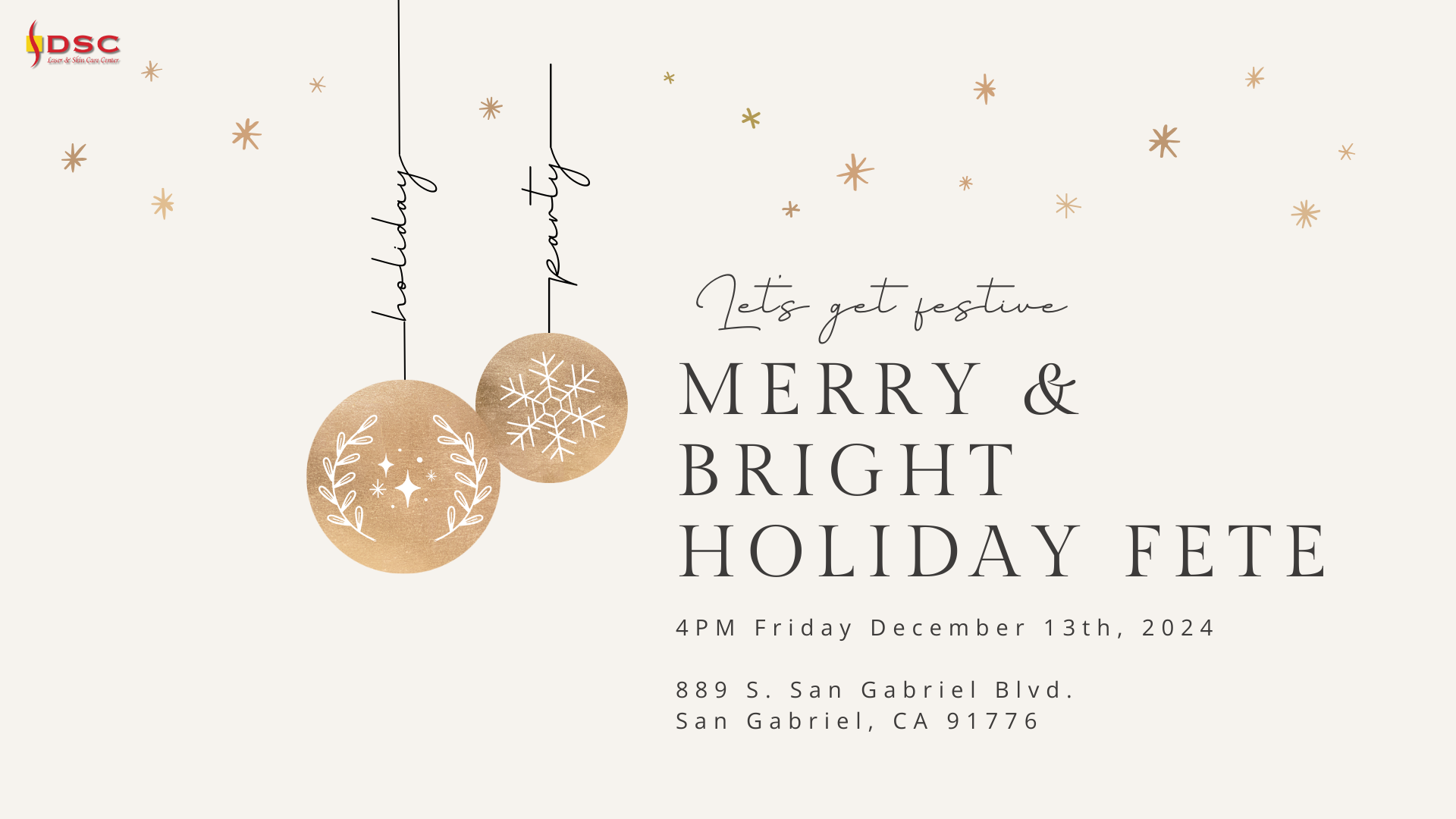 dsc merry and bright holiday fete december 13th 2024 event blog banner with beige background and holiday ornaments and sparkles at the top of graphic with "Merry & Bright Holiday Fete" text along with event date and location
