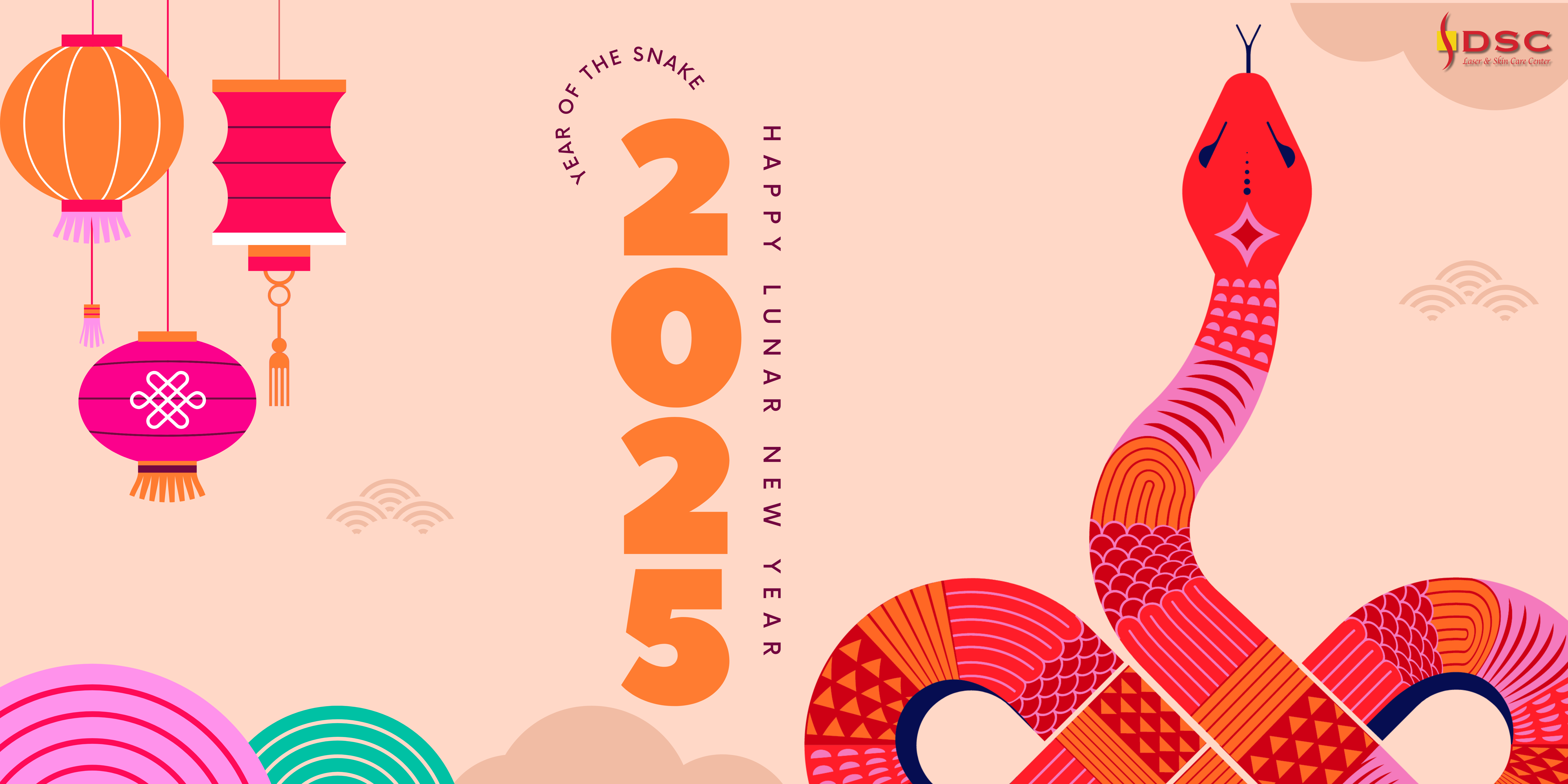 Lunar New Year 2025 Year of the Snake Blog Banner DSC Lunar New Year 2025 Year of the Snake Blog Banner with light pink background and graphic snake on the right with DSC logo in upper right corner and lanterns on the upper left with 2025 vertically down the center