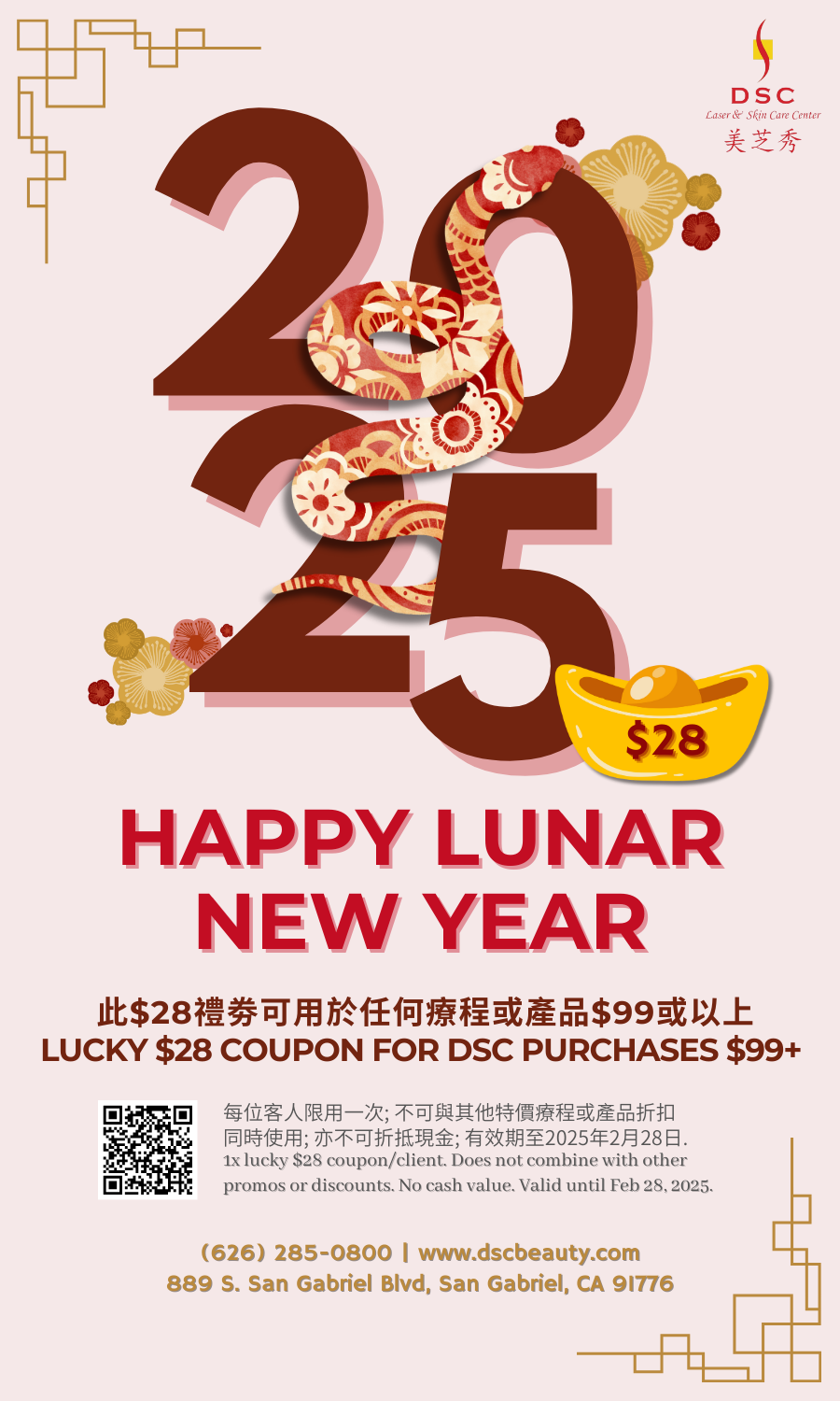 dsc red pocket chinese new year coupon 2025 year of the snake with 2025 and intertwined graphic snake with gold ingot and $28 on the ingot, text "Happy Lunar New Year" and "Lucky $28 coupon for DSC purchases $99+"