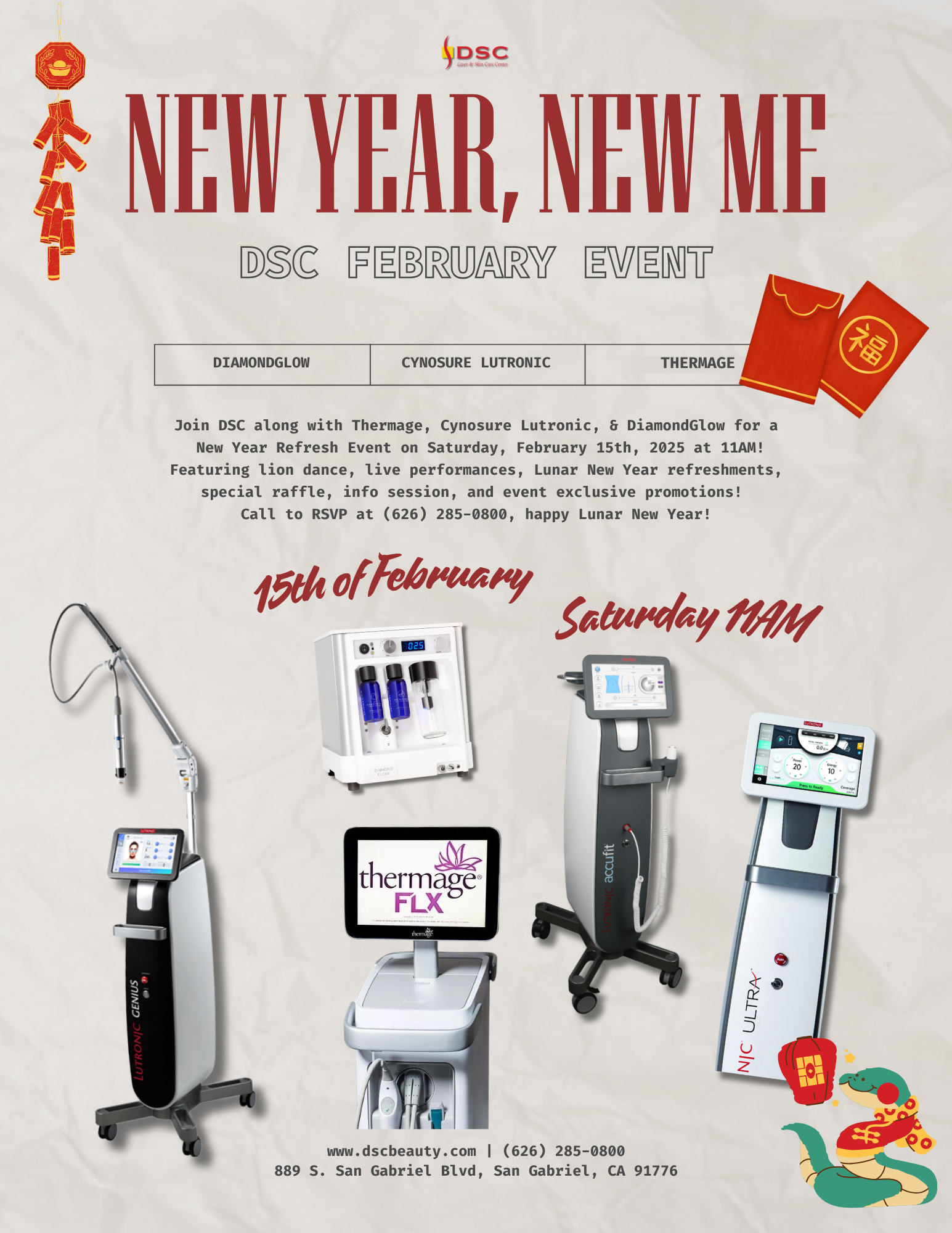 DSC 2/15/2025 DiamondGlow, SkinMedica, & Cynosure Lutronic Event Poster with grey-beige background and New Year New Me as the title with the date Saturday January 18th 2025 at 11AM with event description and images of DiamondGlow and Cynosure Lutronic devices and Thermage devices