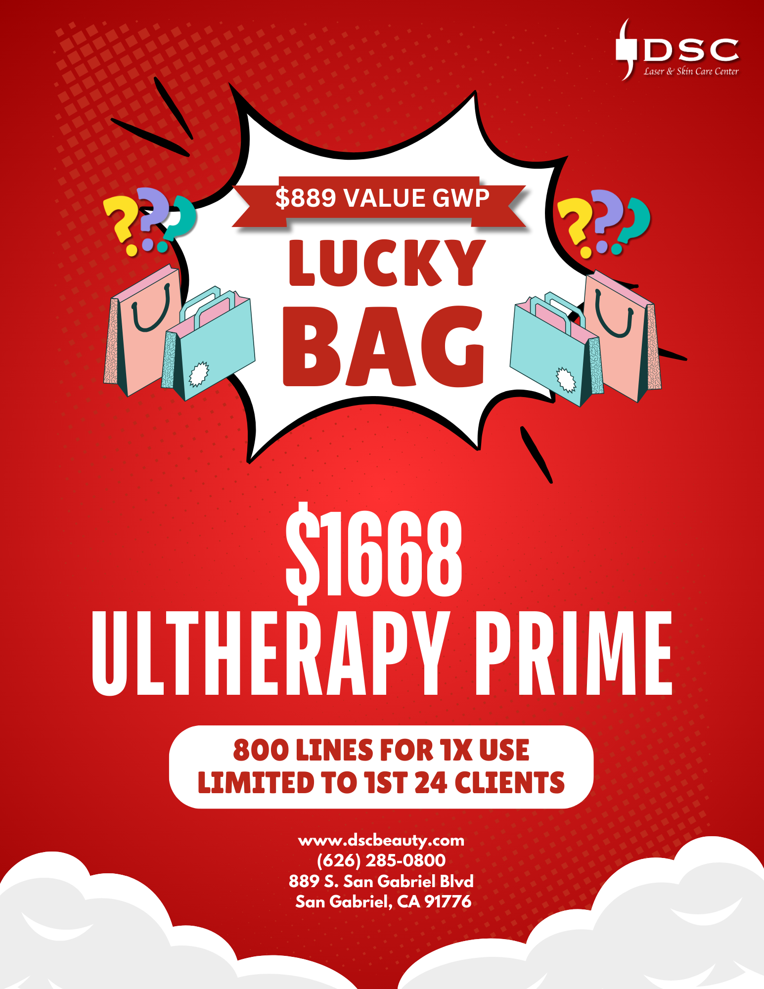 DSC New Year 2025 Ultherapy PRIME Promo Flyer with red background and $889 Lucky Bag in emphasis bubble at top with bags with question marks popping out above the text $1668 Ultherapy PRIME for 800 lines, get a free $889 value lucky bag with purchase of package