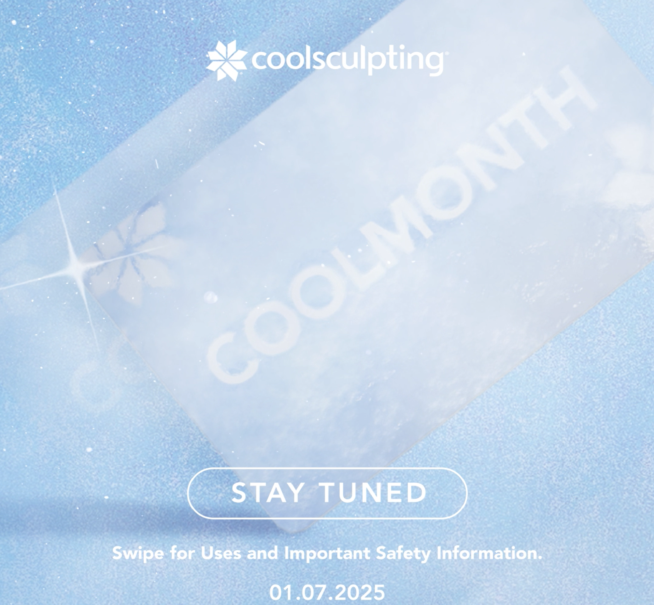 dsc coolsculpting coolmonth 2025 with blue background and ice block with emblazoned coolmonth and coming 1.07.2025