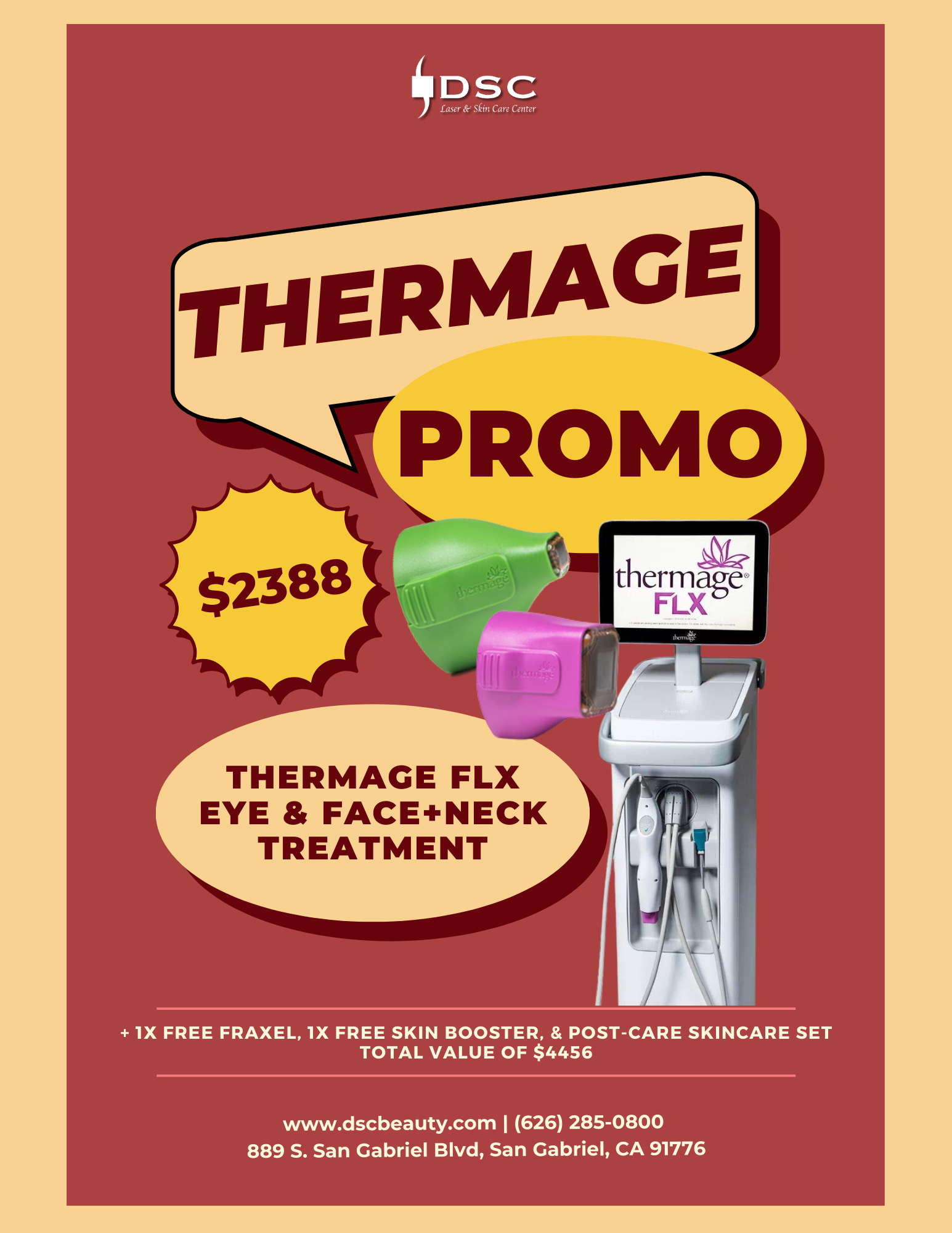 DSC New Year 2025 Promo Thermage FLX Flyer with red background and yellow frame with the text Thermage Promo in bubbles and Thermage device with Thermage FLX face tip and Thermage FLX eye tip on the right and price $2388 for whole set of Thermage FLX face + neck & eye treatment with 1x free Fraxel laser and 1x free skin booster and 1x set of post-treatment skincare products