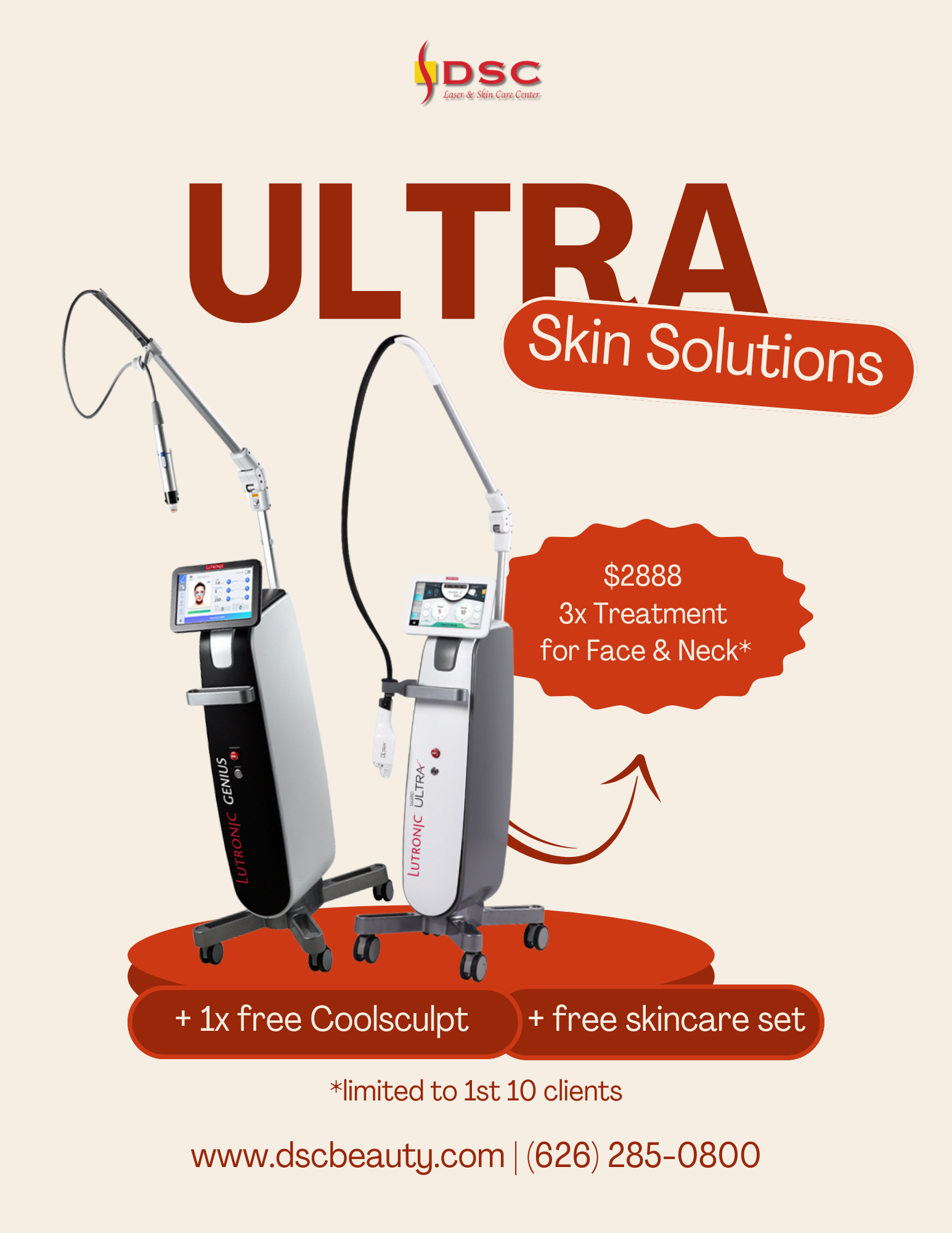 DSC New Year 2025 Ultra Skin Solutions Promo Flyer with Genius RF microneedling device and LaseMD Ultra device with price $2888 for 3x treatment of face and neck & 1x free coolsculpt + free skincare set