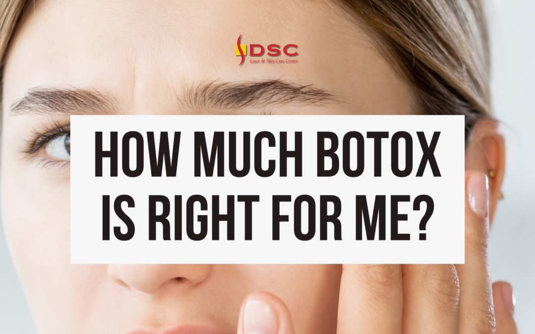 "How Much Botox Is Right for Me?" text in centered white text box over background image of woman wrinkling frown lines and touching face