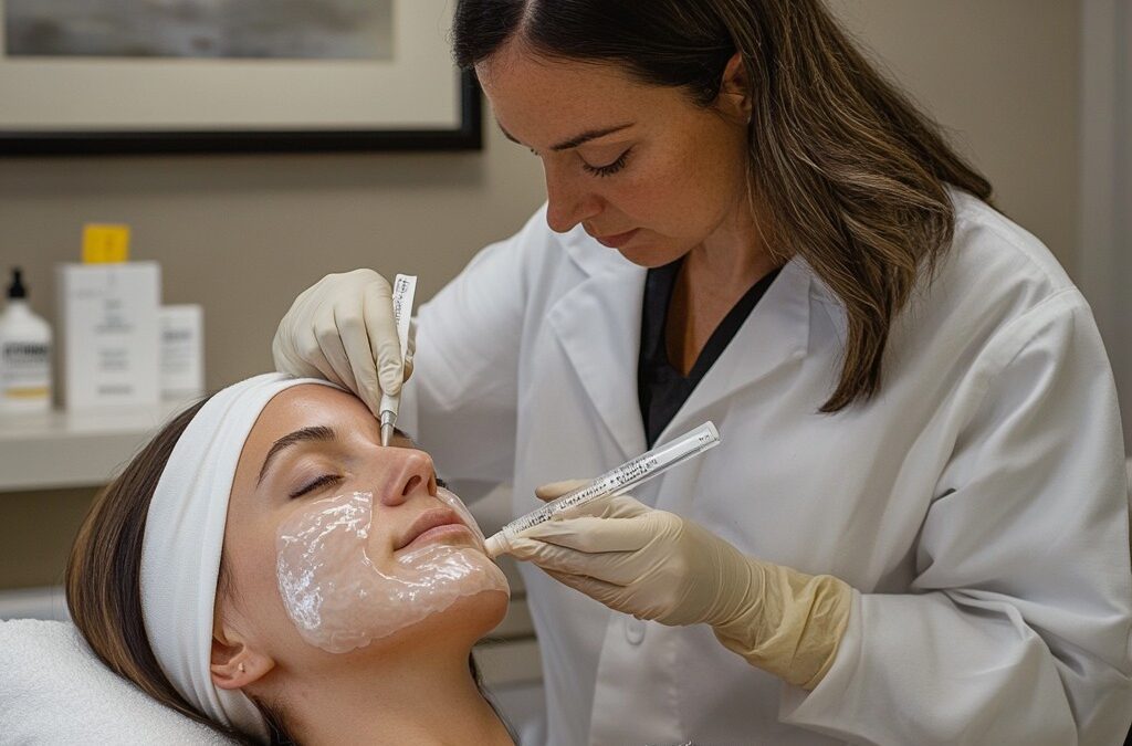 Woman treating reclining female client's skin with tool