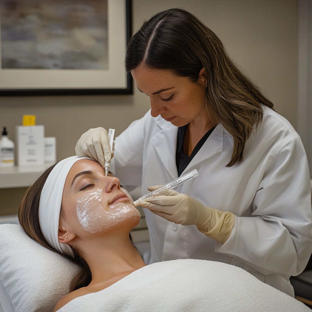 skin treatment client Woman treating reclining female client's skin with tool