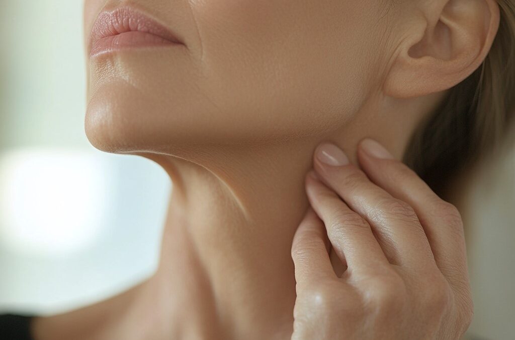 Close up of woman touching neck