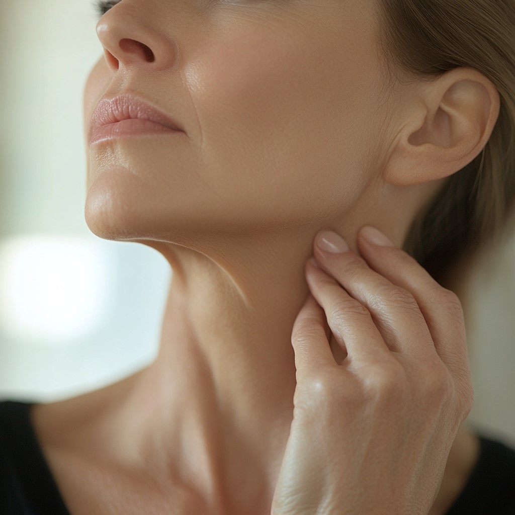 woman touching neck decorative Close up of woman touching neck