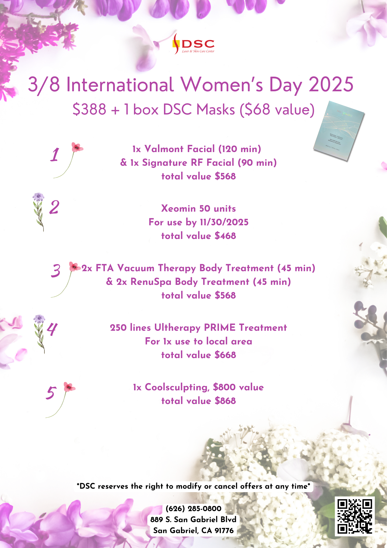 DSC Women's Day 2025 Promos Flyer with promotions on facials, xeomin, Ultherapy PRIME, Coolsculpt, and body contouring