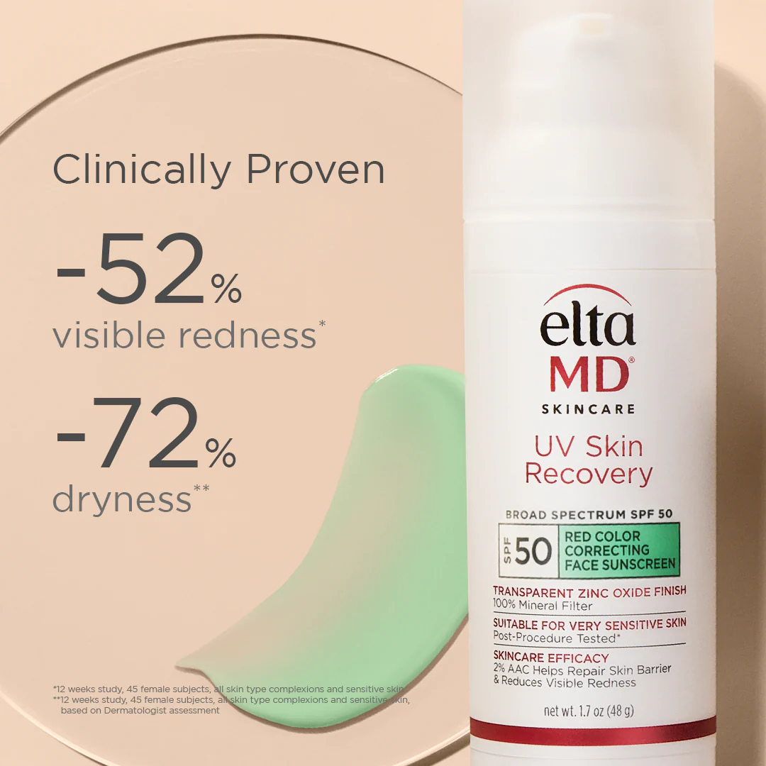 eltamd uv recovery green tint bottle on beige background with green smear and stats