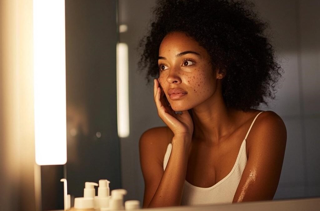 Woman touching face looking in bathroom mirror