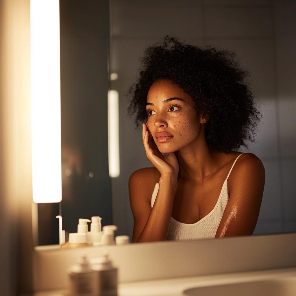 Woman touching face looking in bathroom mirror