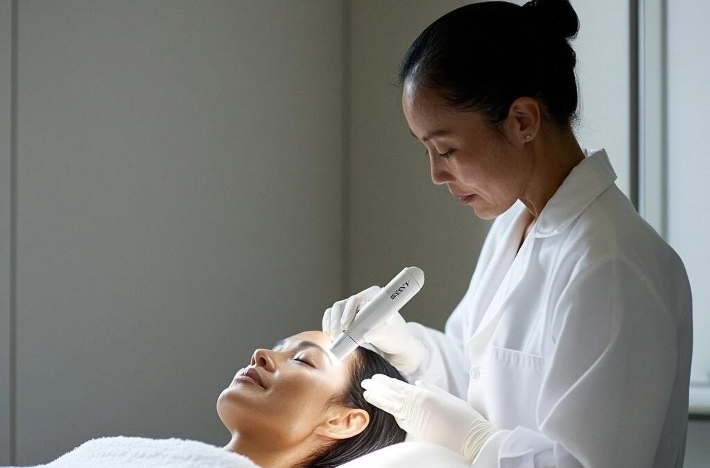 Female aesthetician in white uniform holding skin tool to woman reclining in facial bed covered in a white blanket
