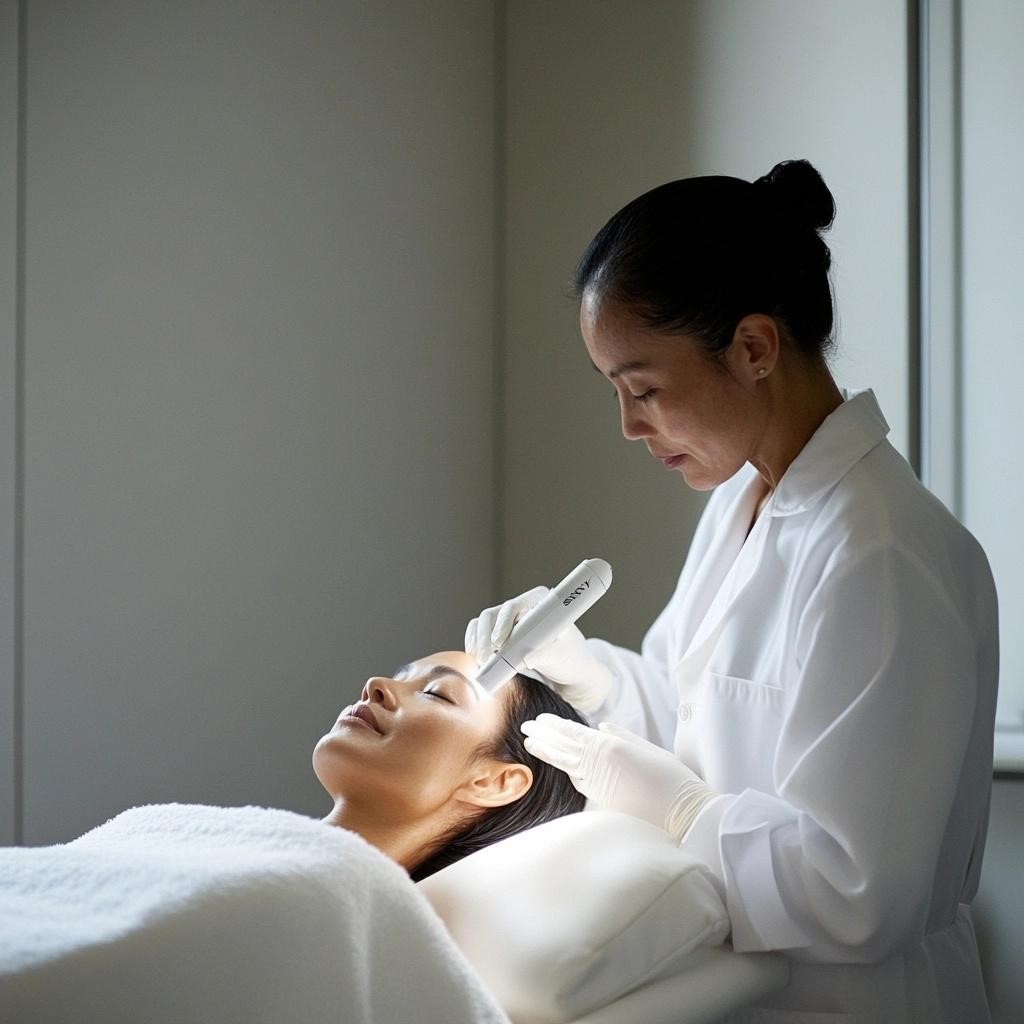 facial-laser-treatments-in-san-gabriel-ca Female aesthetician in white uniform holding skin tool to woman reclining in facial bed covered in a white blanket