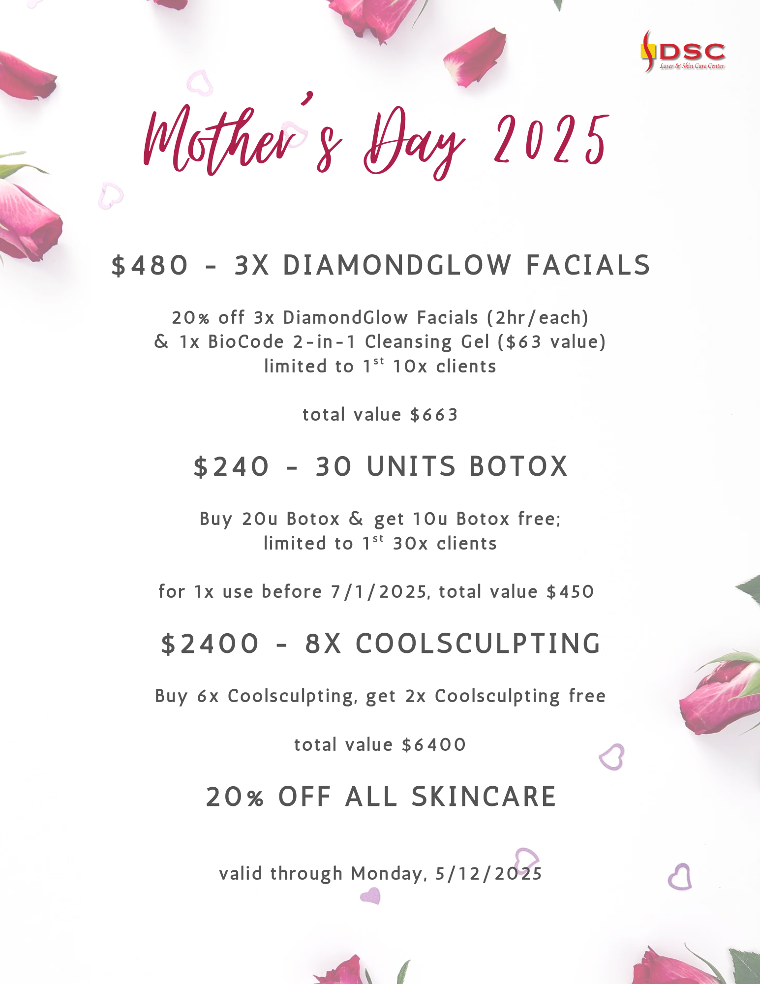 mother's day 2025 promo flyer for DSC on Botox, DiamondGlow, Coolsculpting, and Skincare Products