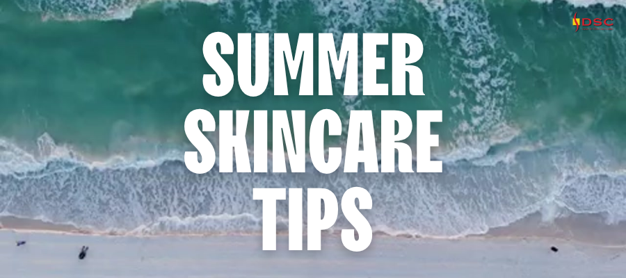 Summer skincare tips Blog Banner with image of beach and waves and "summer skincare tips" text centered in white