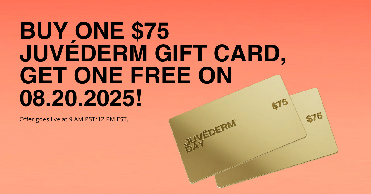 Juvederm Day 2025 blog banner graphic announcement on orange background with two gold $75 juvederm gift cards