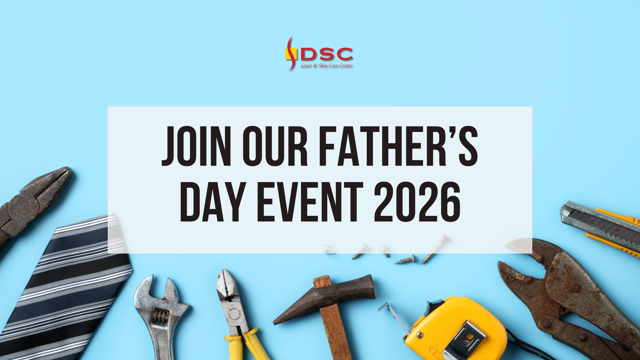 join father's day event blog banner 2026 with black background and tools and centered text in white box